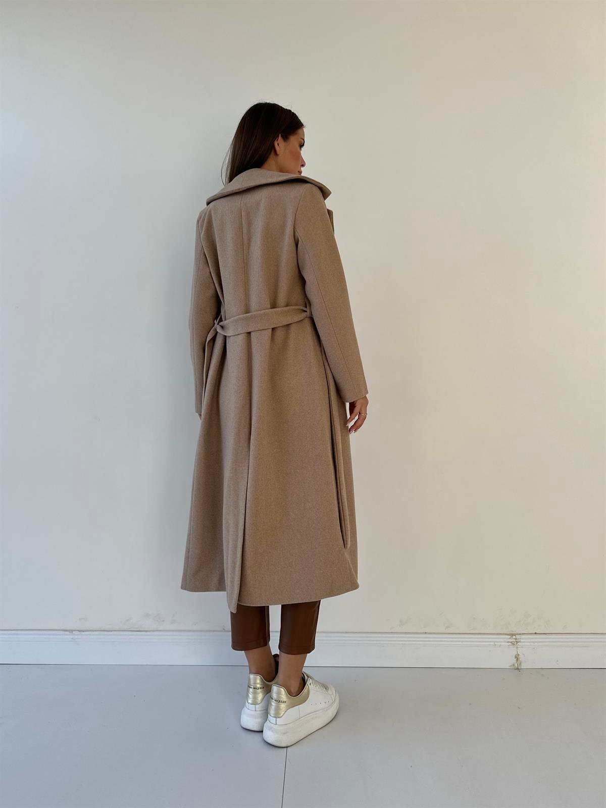 Kuşaklı Astarlı Kaşe Kaban Camel