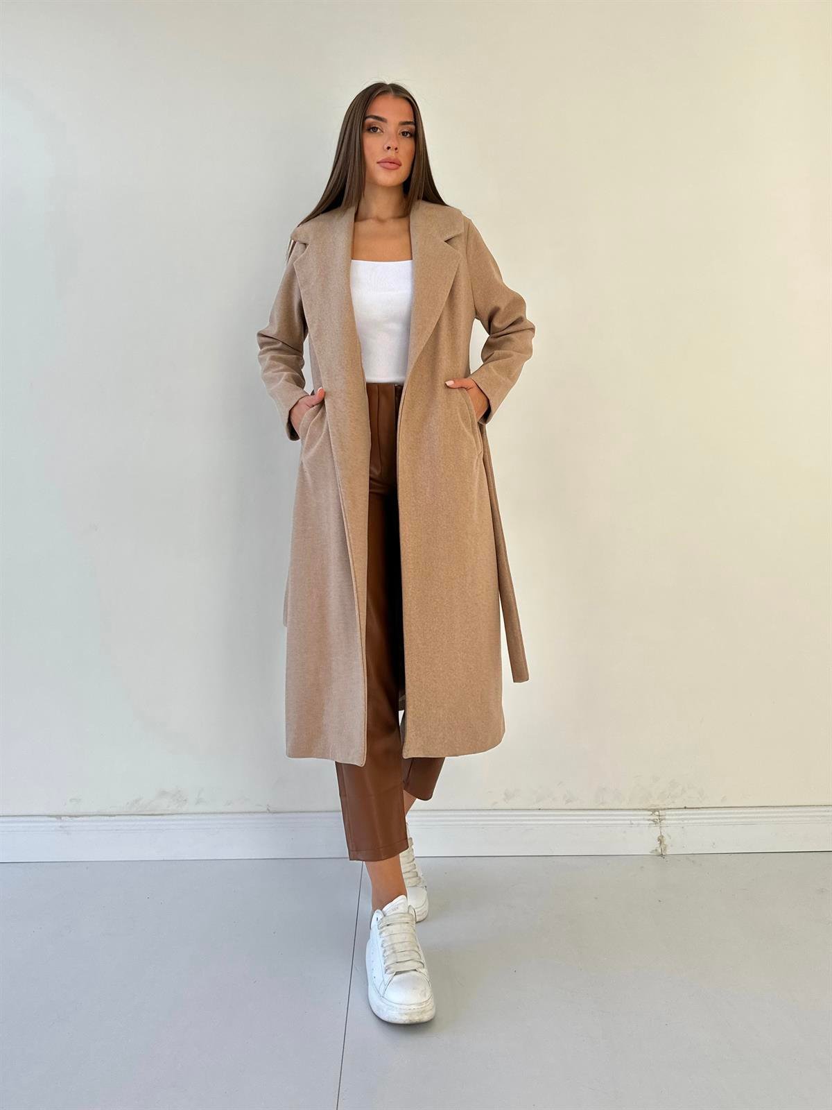 Kuşaklı Astarlı Kaşe Kaban Camel