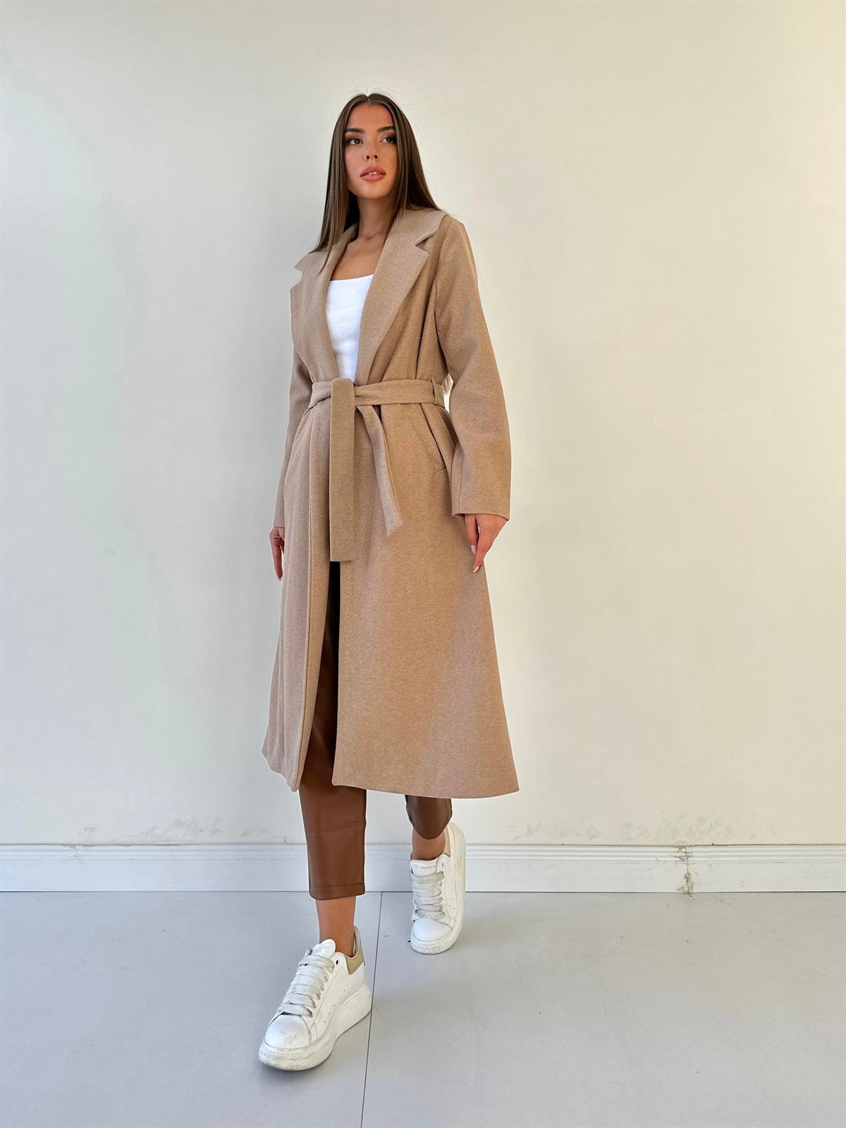 Kuşaklı Astarlı Kaşe Kaban Camel
