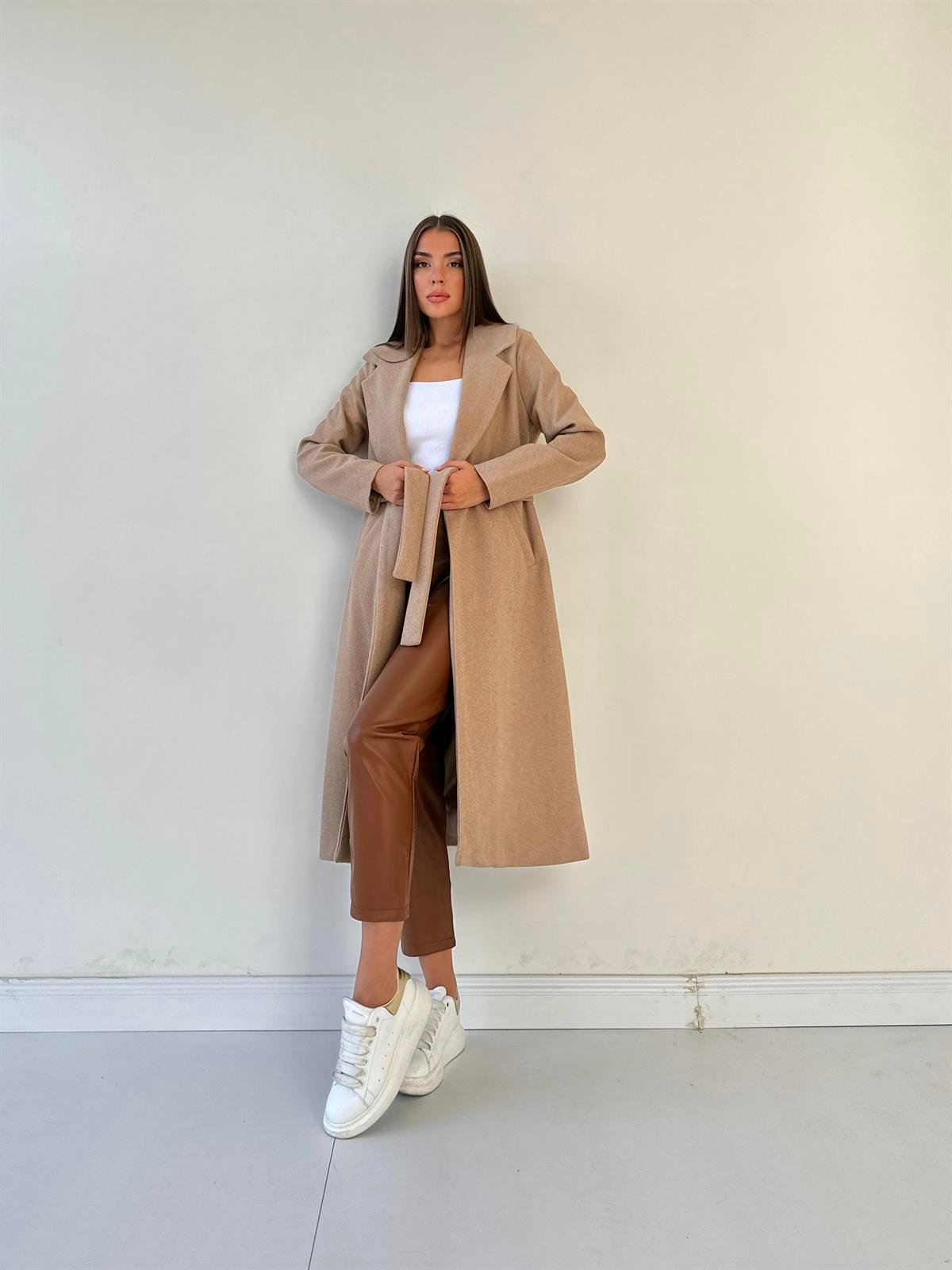 Kuşaklı Astarlı Kaşe Kaban Camel