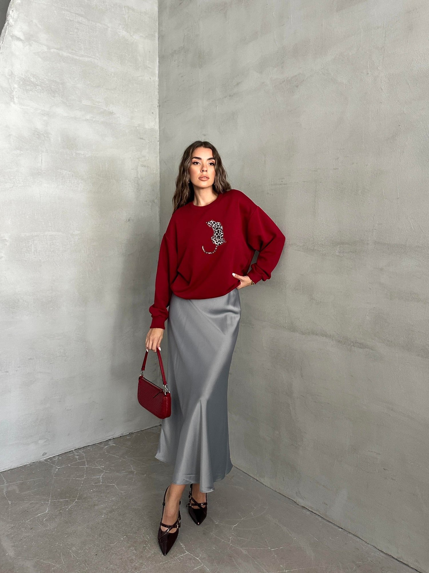 Leopar Baskılı Sweat Bordo