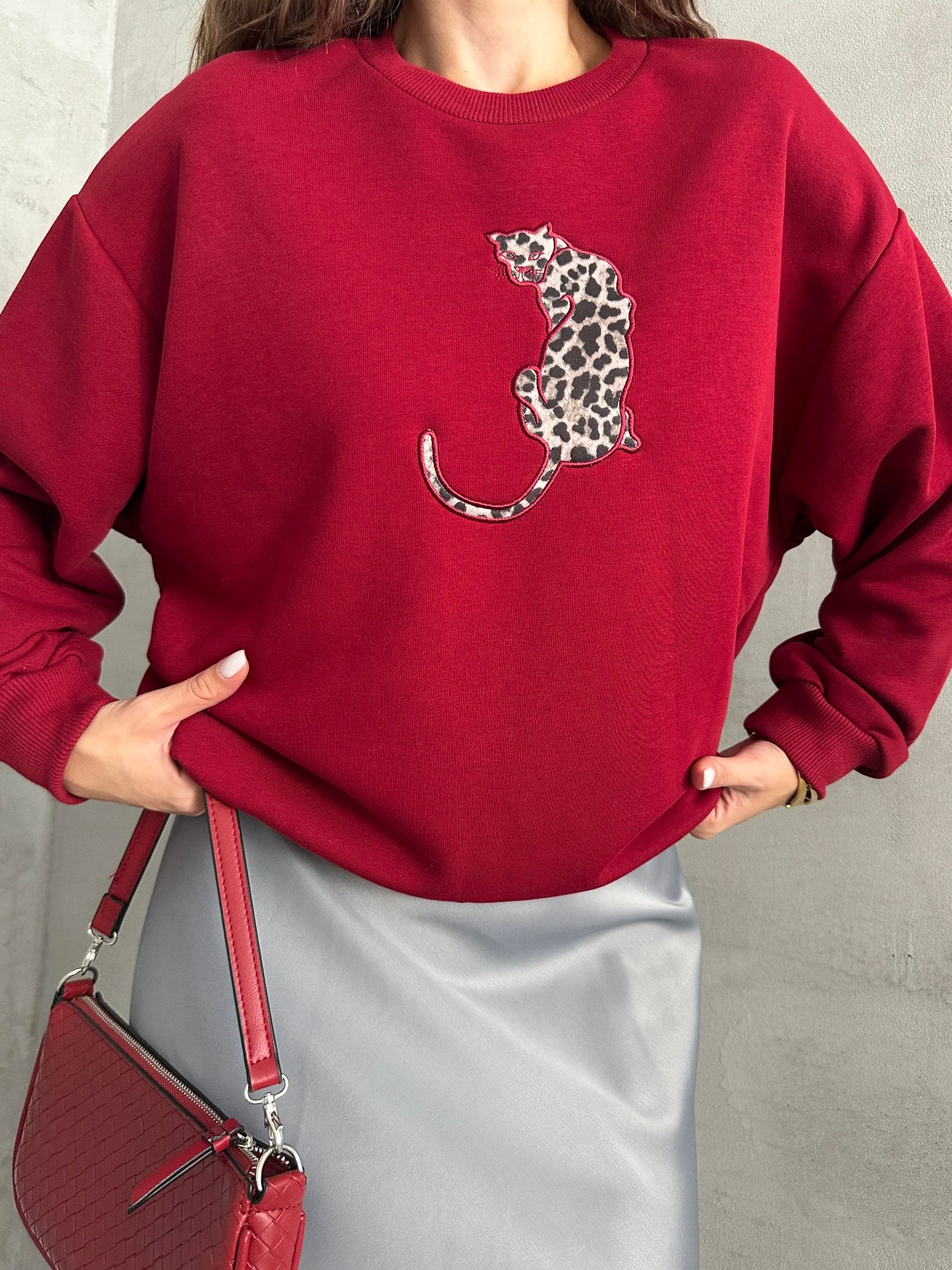 Leopar Baskılı Sweat Bordo