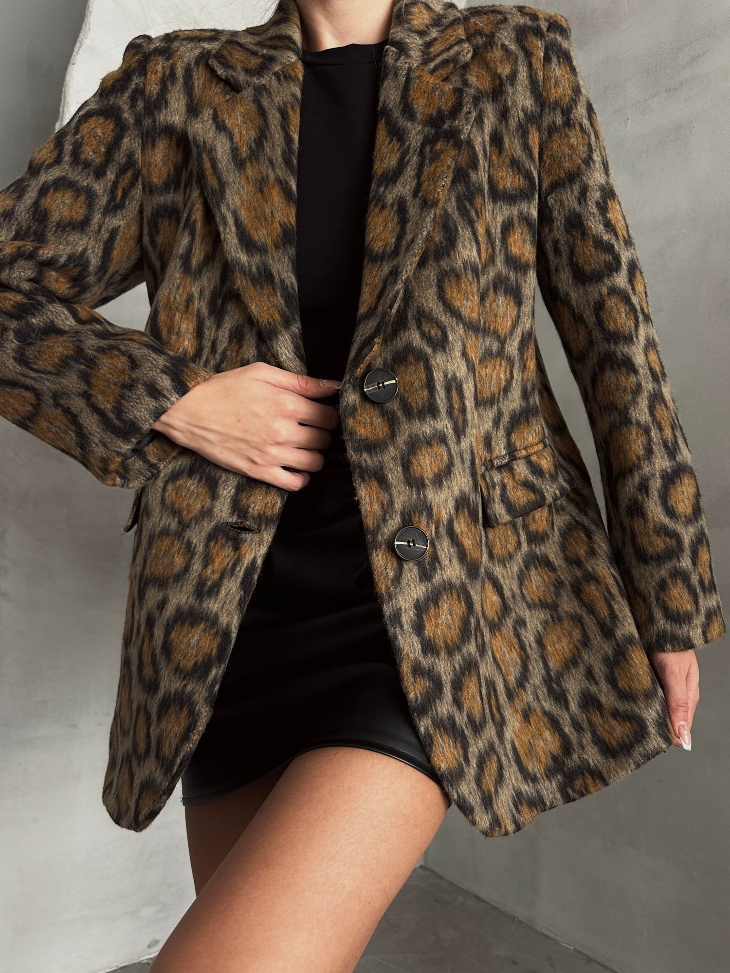 Leopar Desen Kaşe Ceket Kahverengi