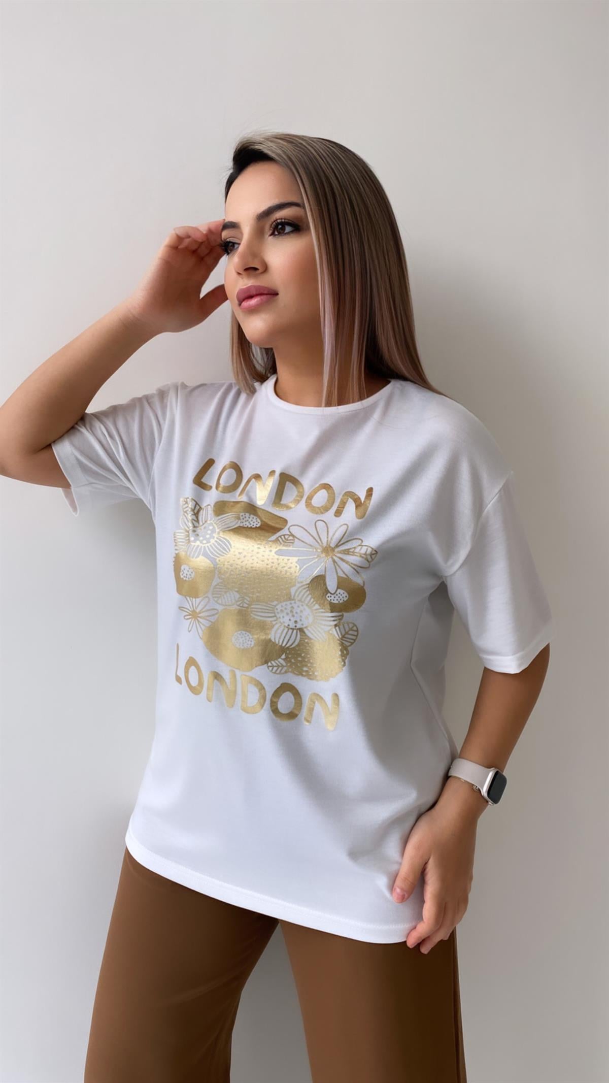 London Varak Baskılı Tişört Ekru