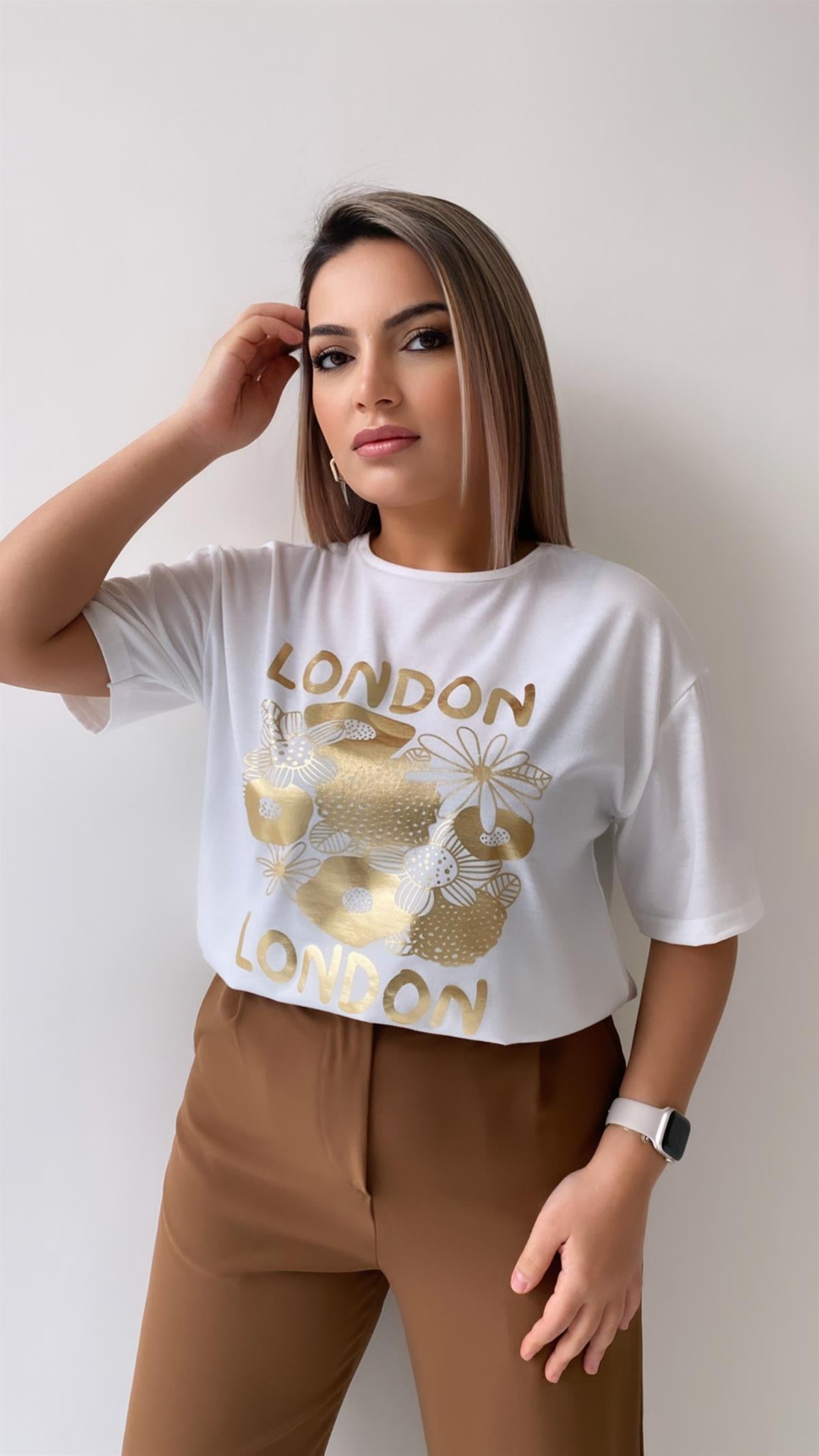 London Varak Baskılı Tişört Ekru
