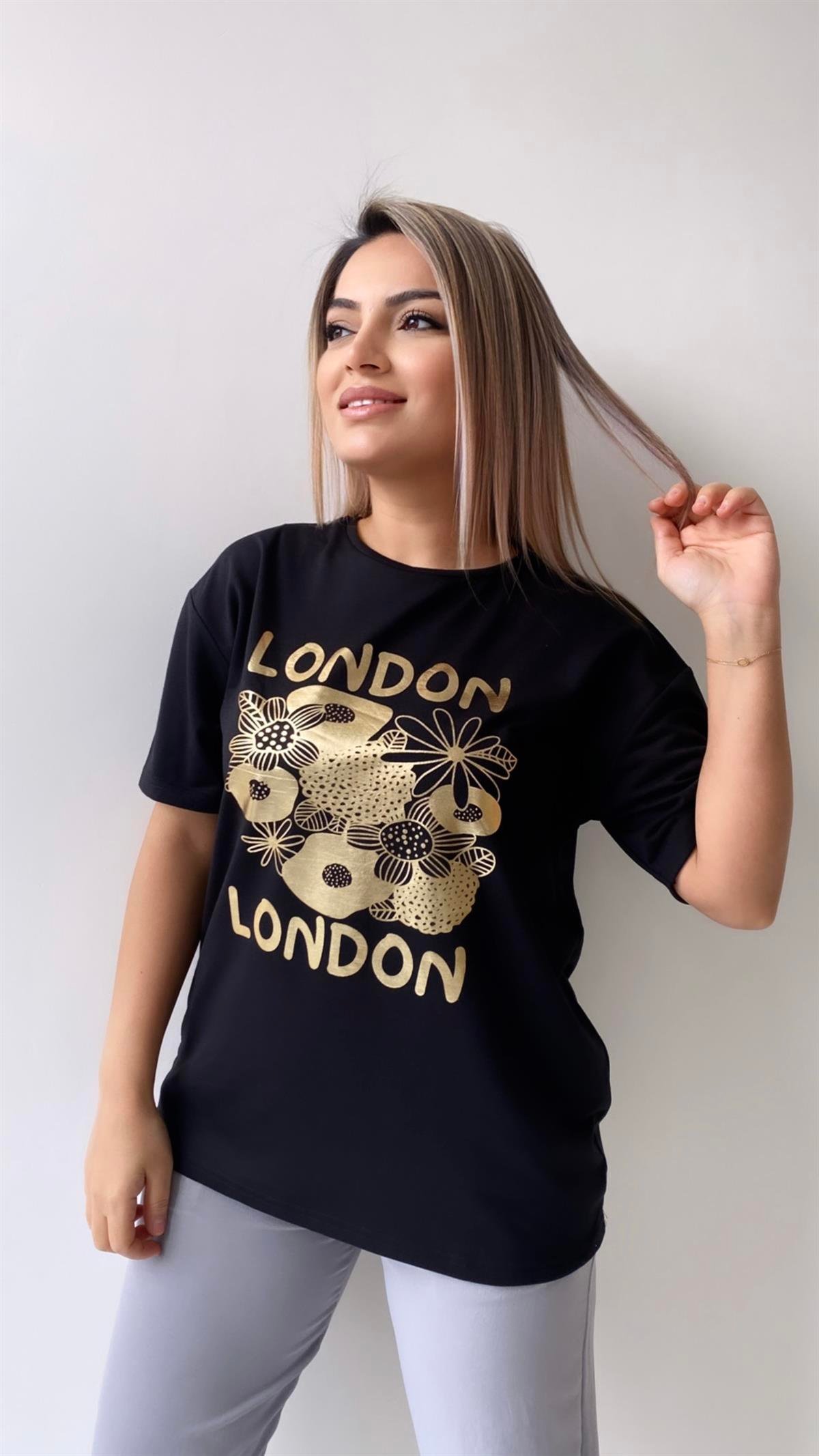 London Varak Baskılı Tişört Siyah
