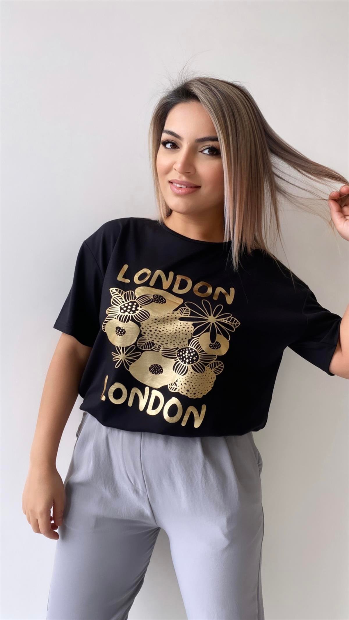 London Varak Baskılı Tişört Siyah