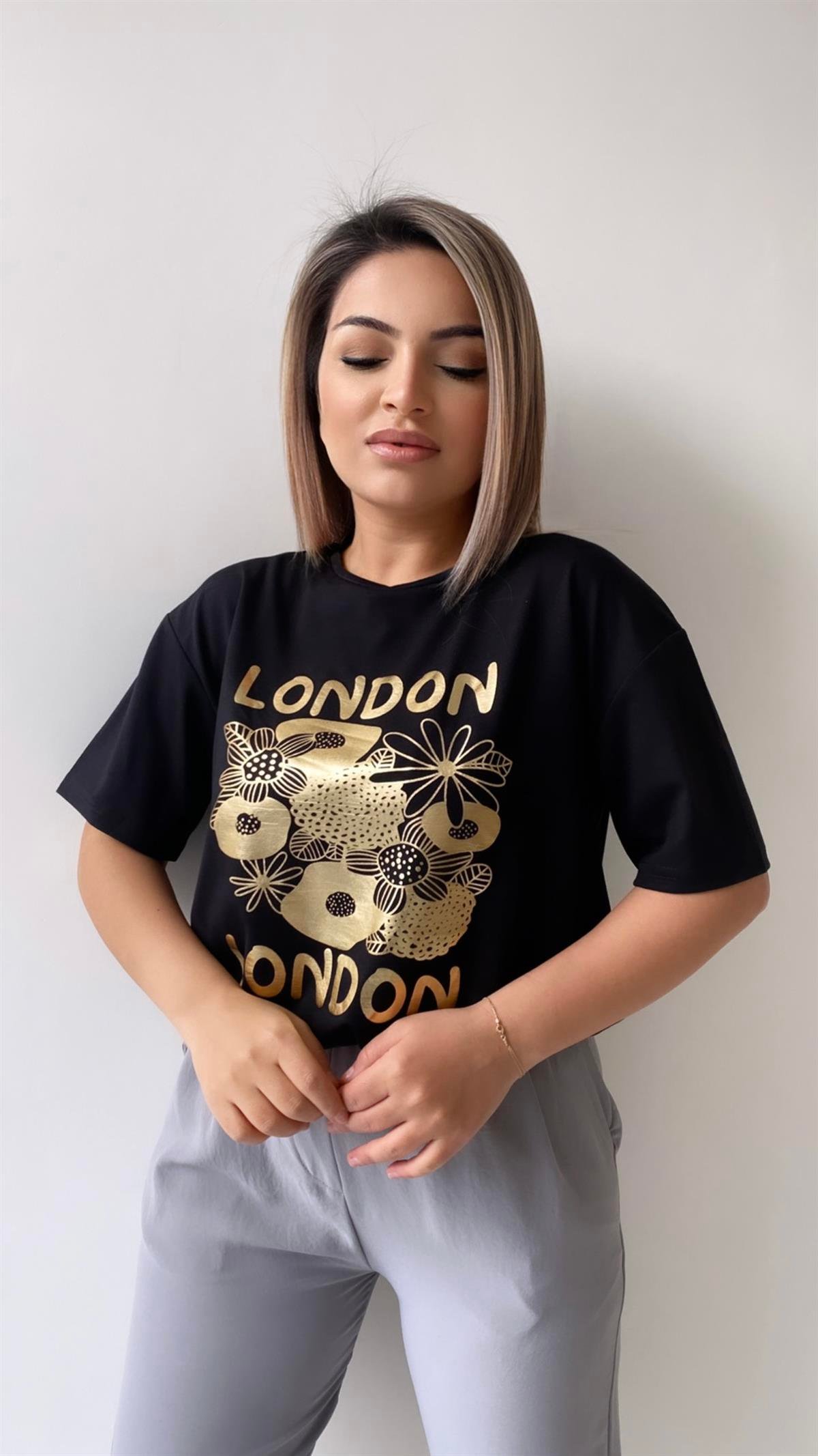 London Varak Baskılı Tişört Siyah