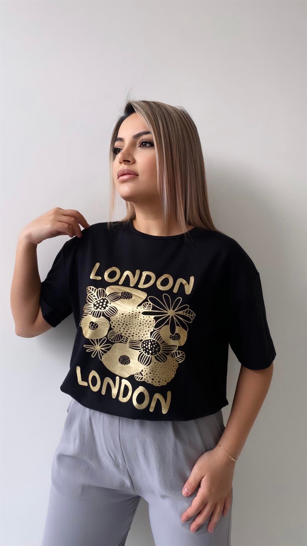 London Varak Baskılı Tişört Siyah