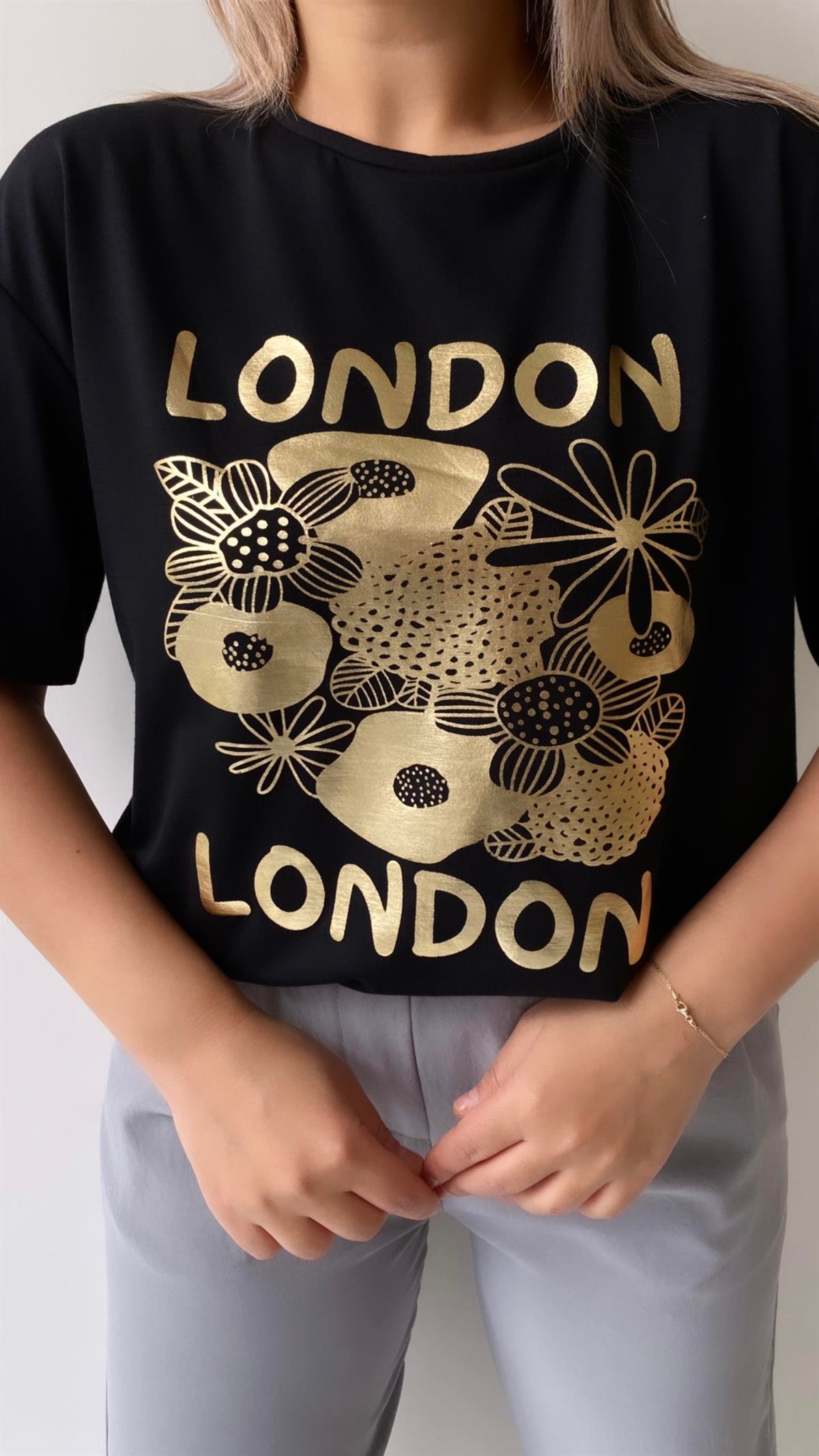 London Varak Baskılı Tişört Siyah