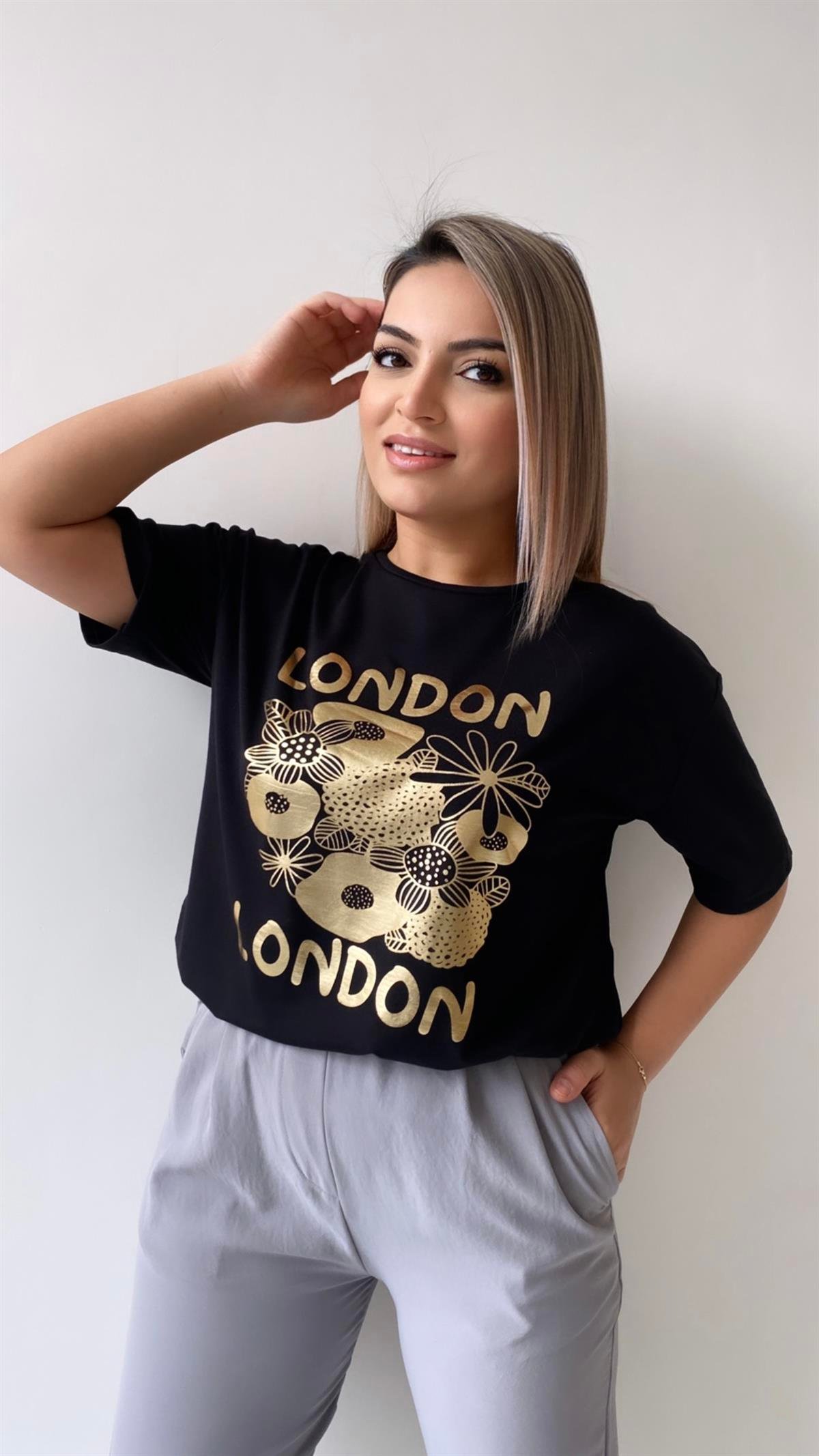 London Varak Baskılı Tişört Siyah