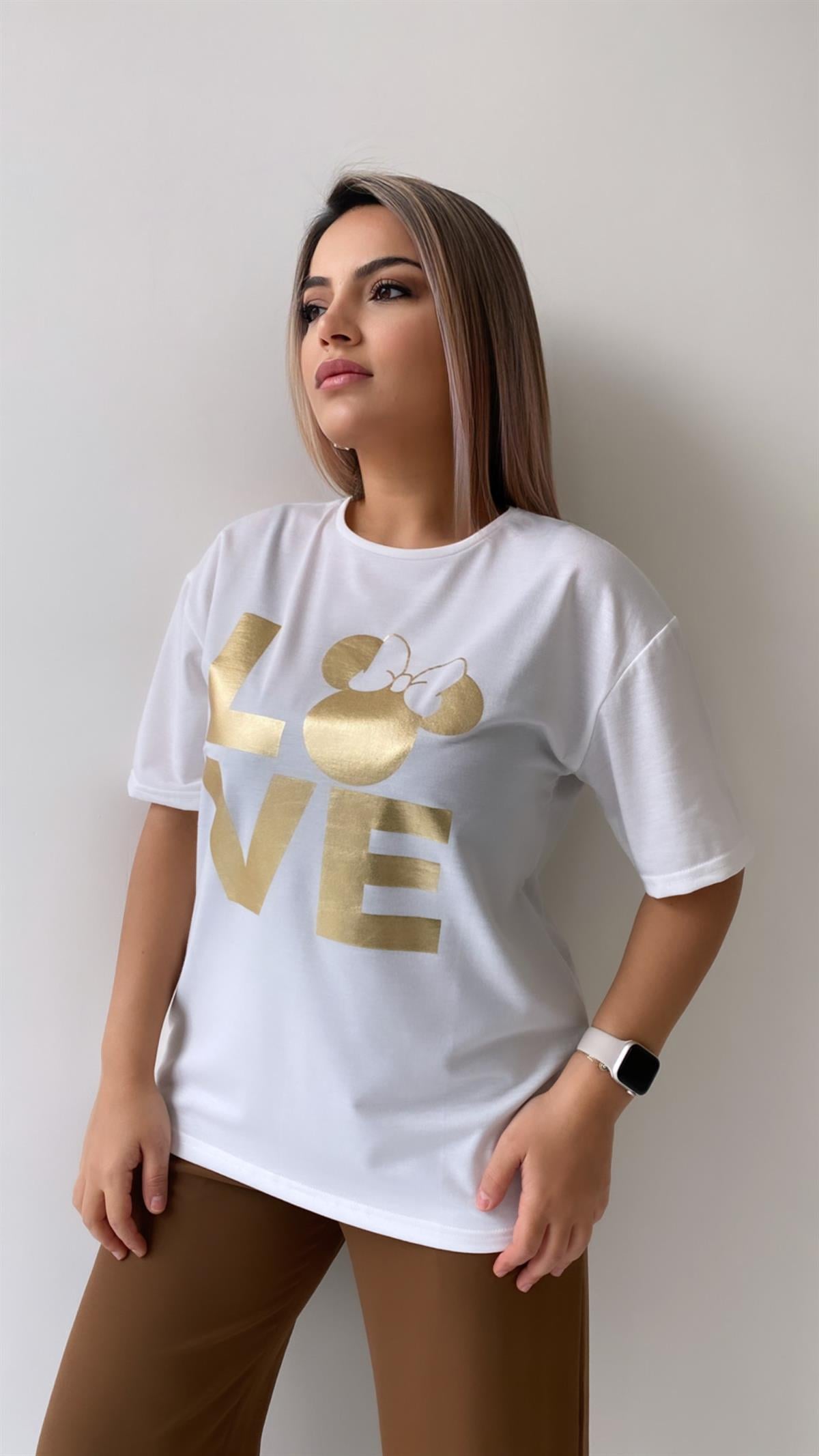 Love Varak Baskılı Tişört Ekru