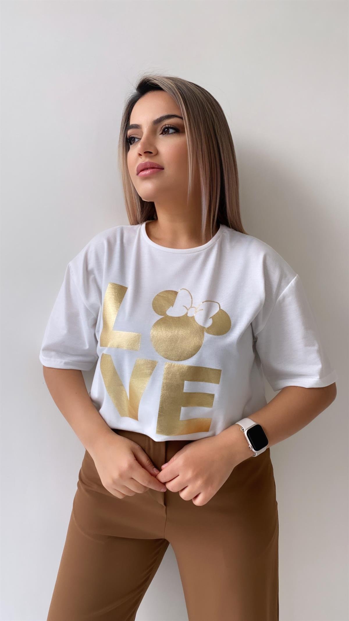 Love Varak Baskılı Tişört Ekru