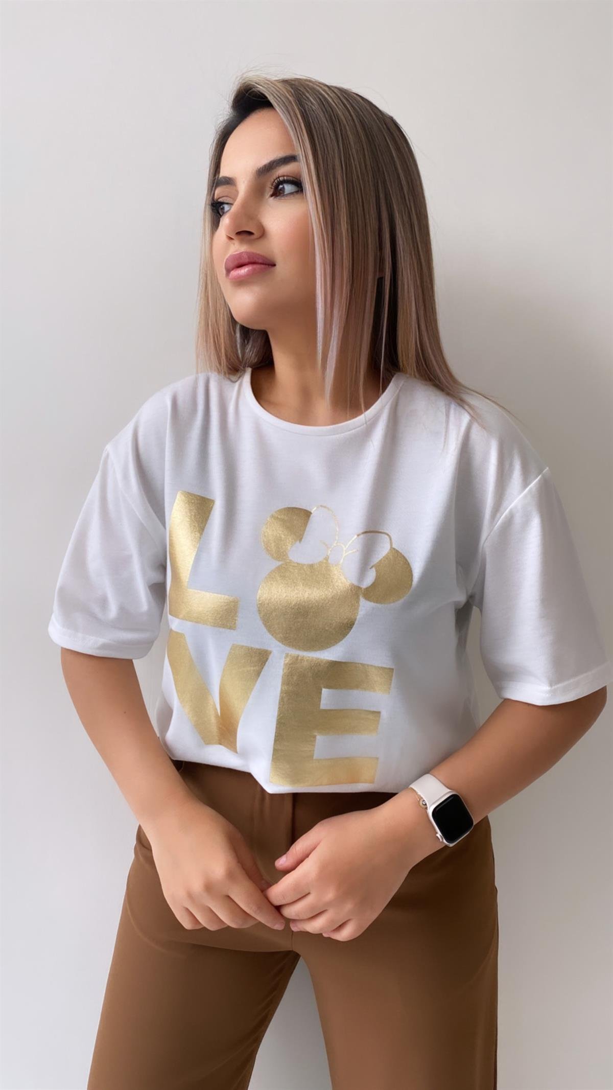Love Varak Baskılı Tişört Ekru