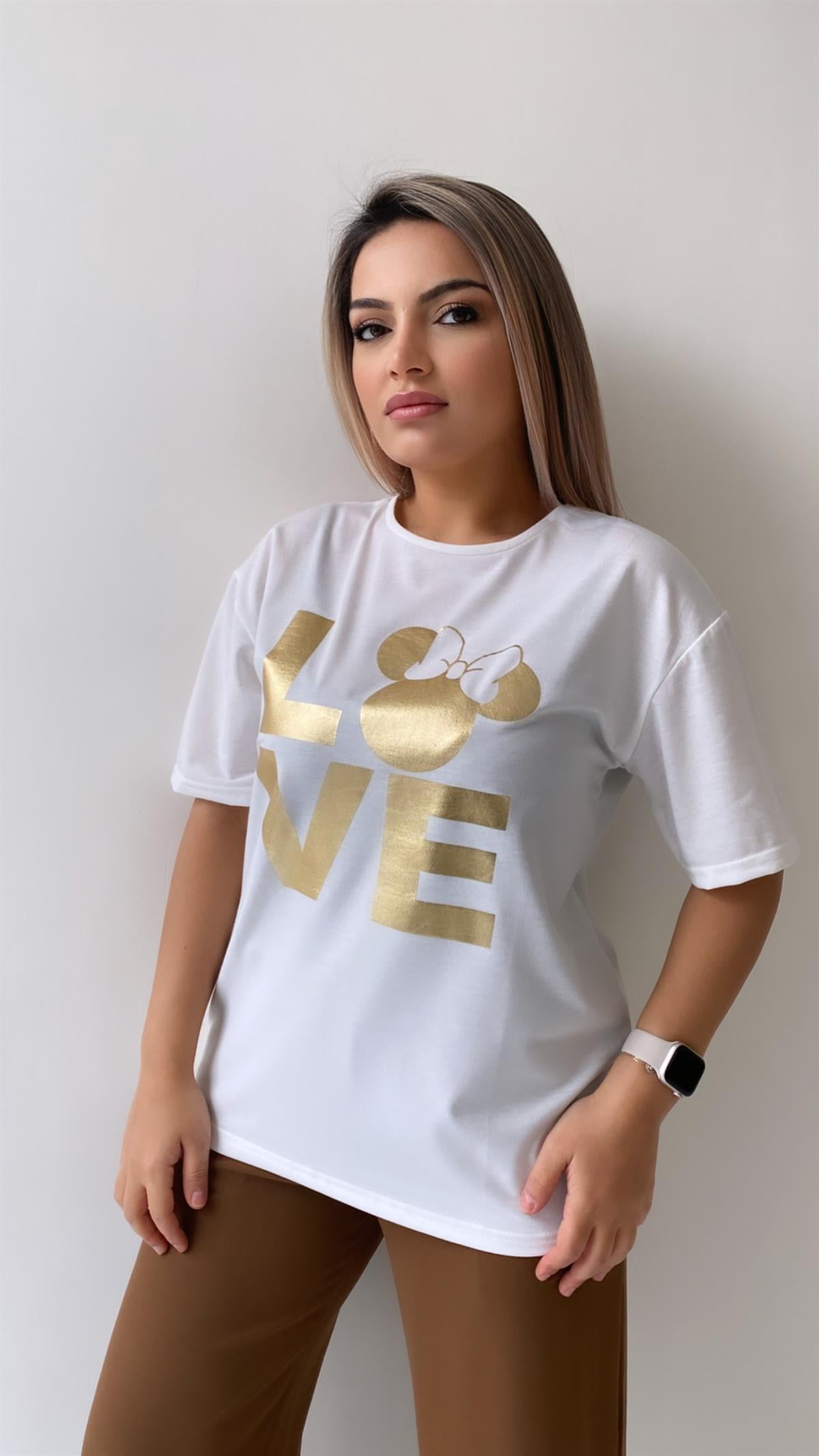 Love Varak Baskılı Tişört Ekru