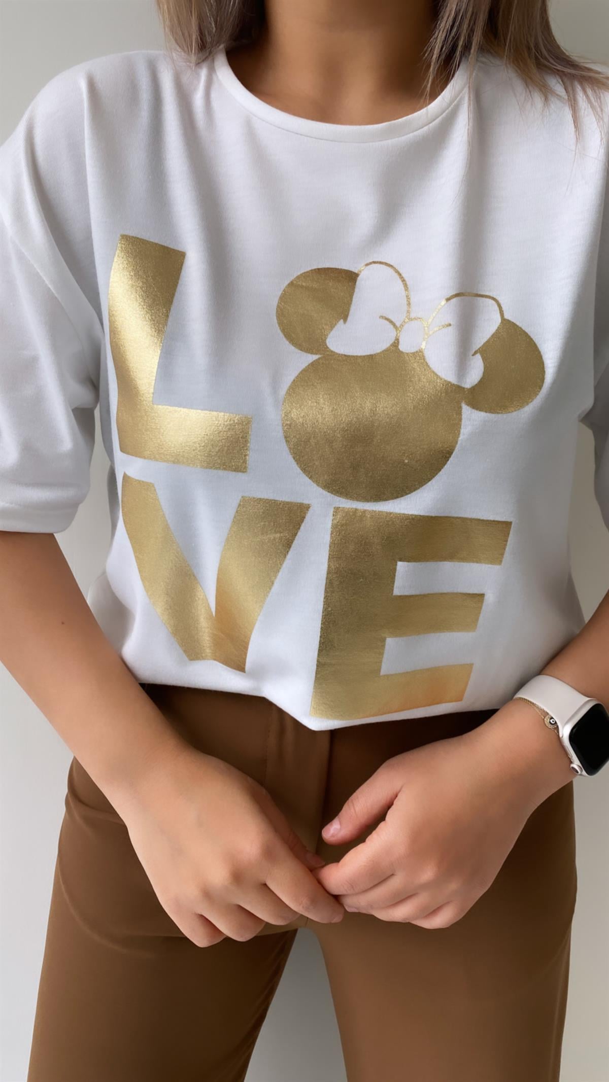Love Varak Baskılı Tişört Ekru