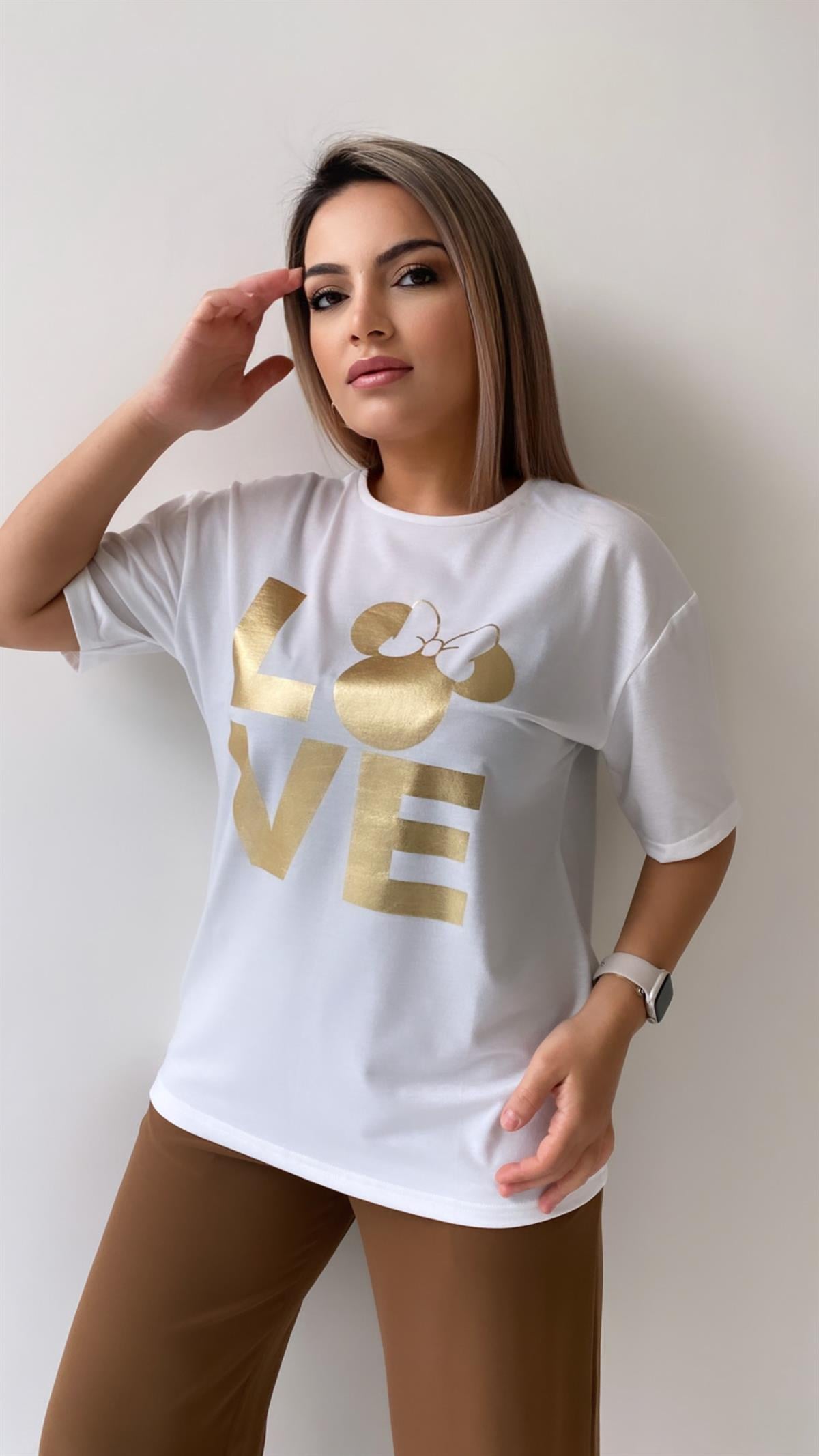 Love Varak Baskılı Tişört Ekru