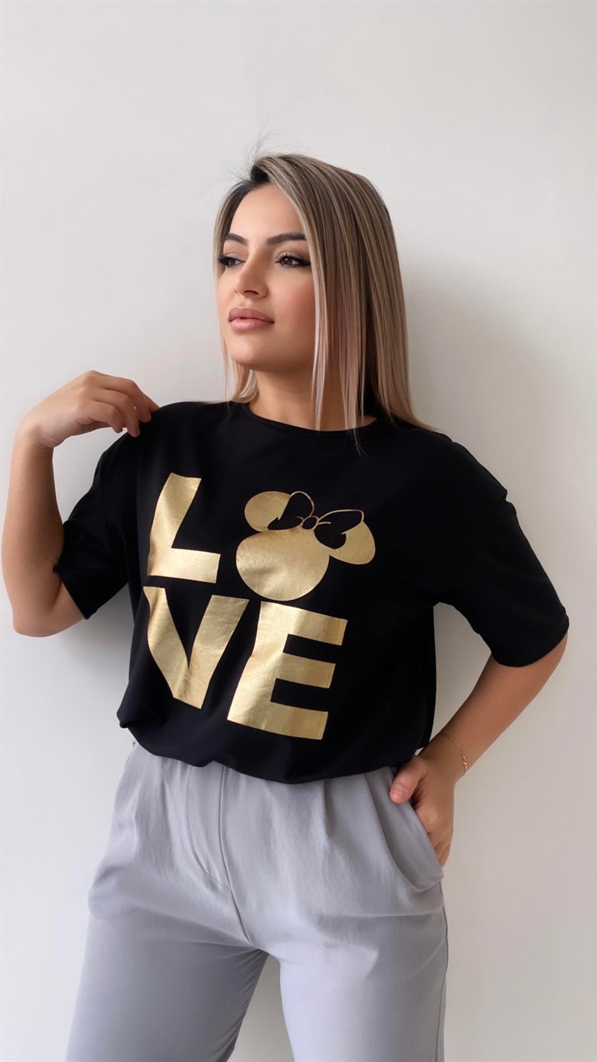 Love Varak Baskılı Tişört Siyah