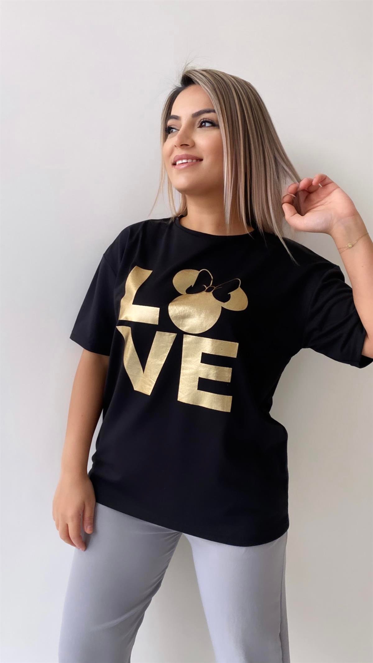Love Varak Baskılı Tişört Siyah