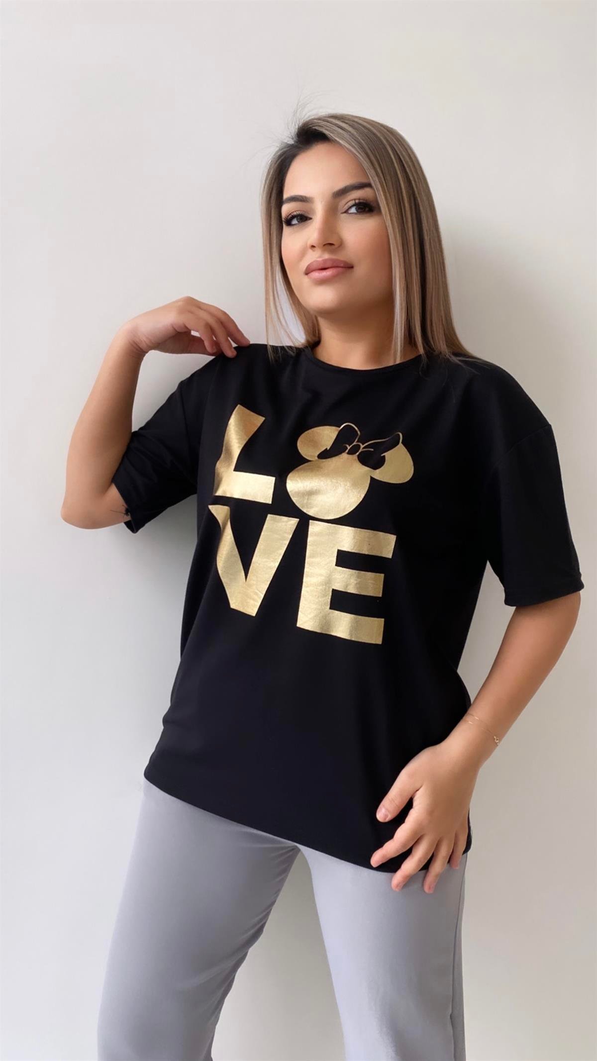 Love Varak Baskılı Tişört Siyah
