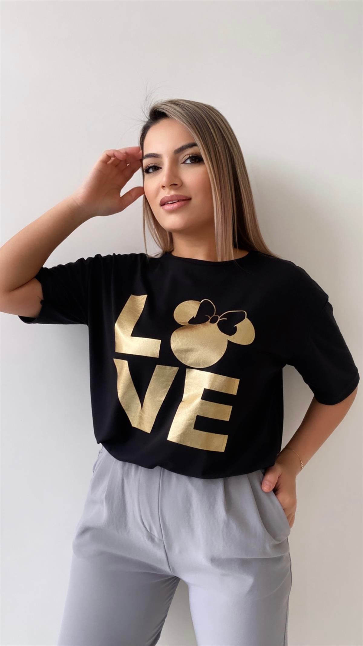 Love Varak Baskılı Tişört Siyah