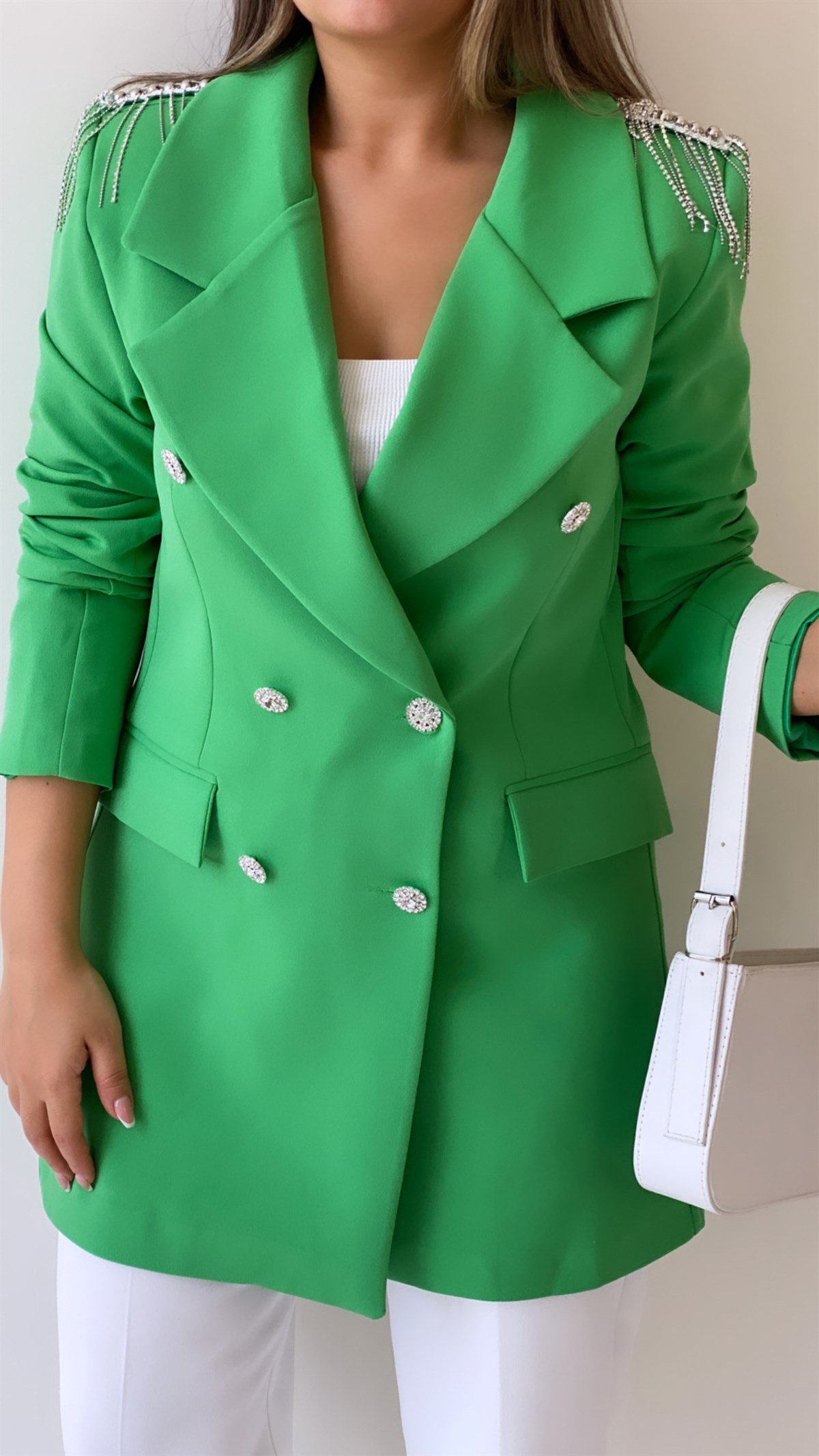 Omuzları Taşlı Tasarım Blazer Ceket Yeşil