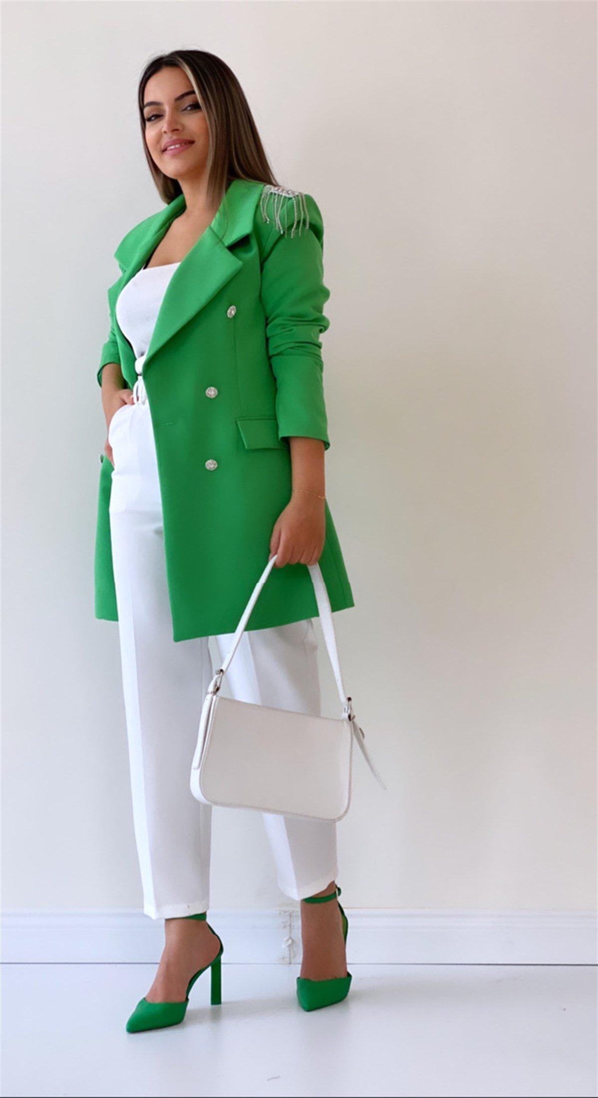 Omuzları Taşlı Tasarım Blazer Ceket Yeşil