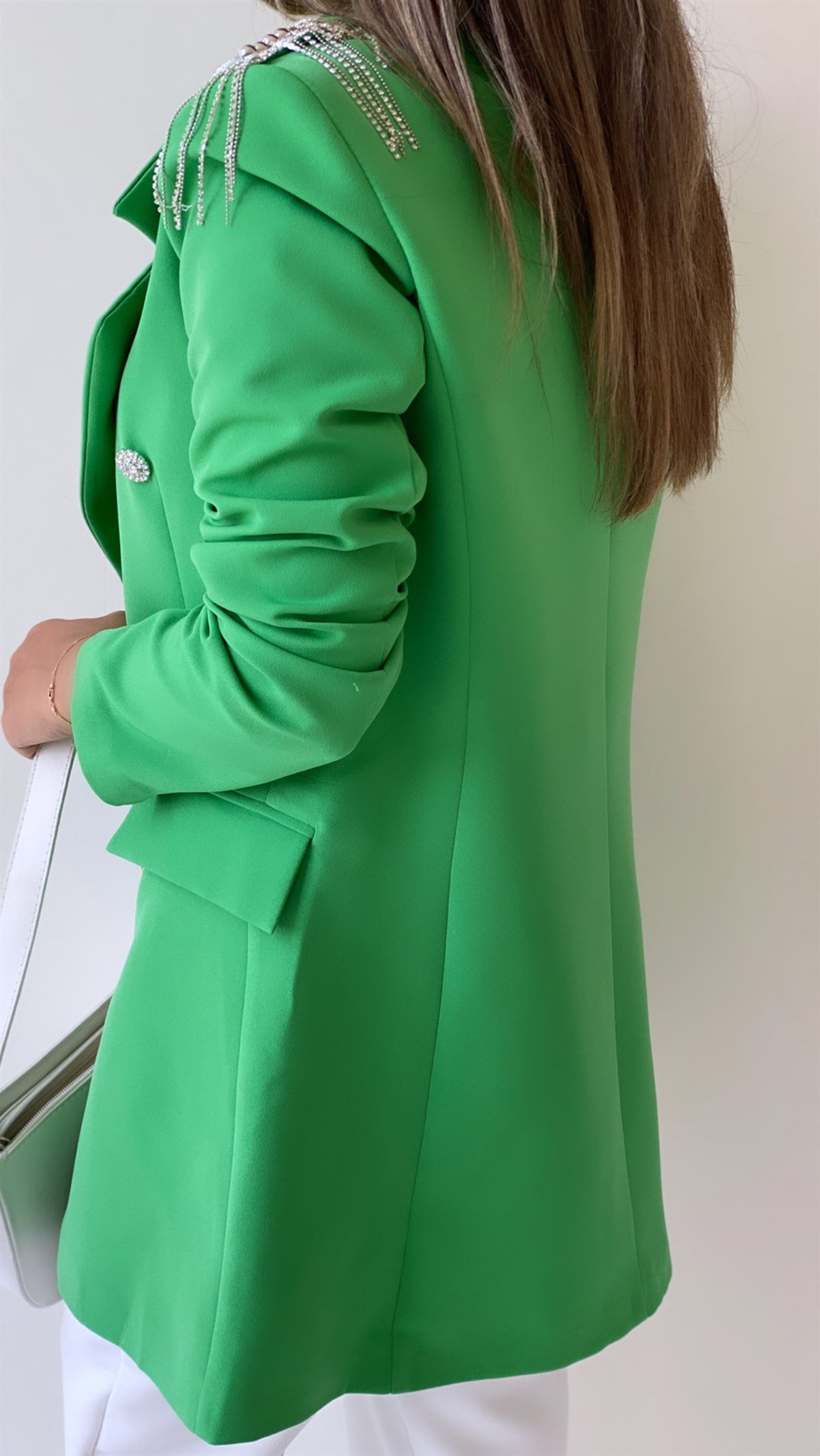 Omuzları Taşlı Tasarım Blazer Ceket Yeşil