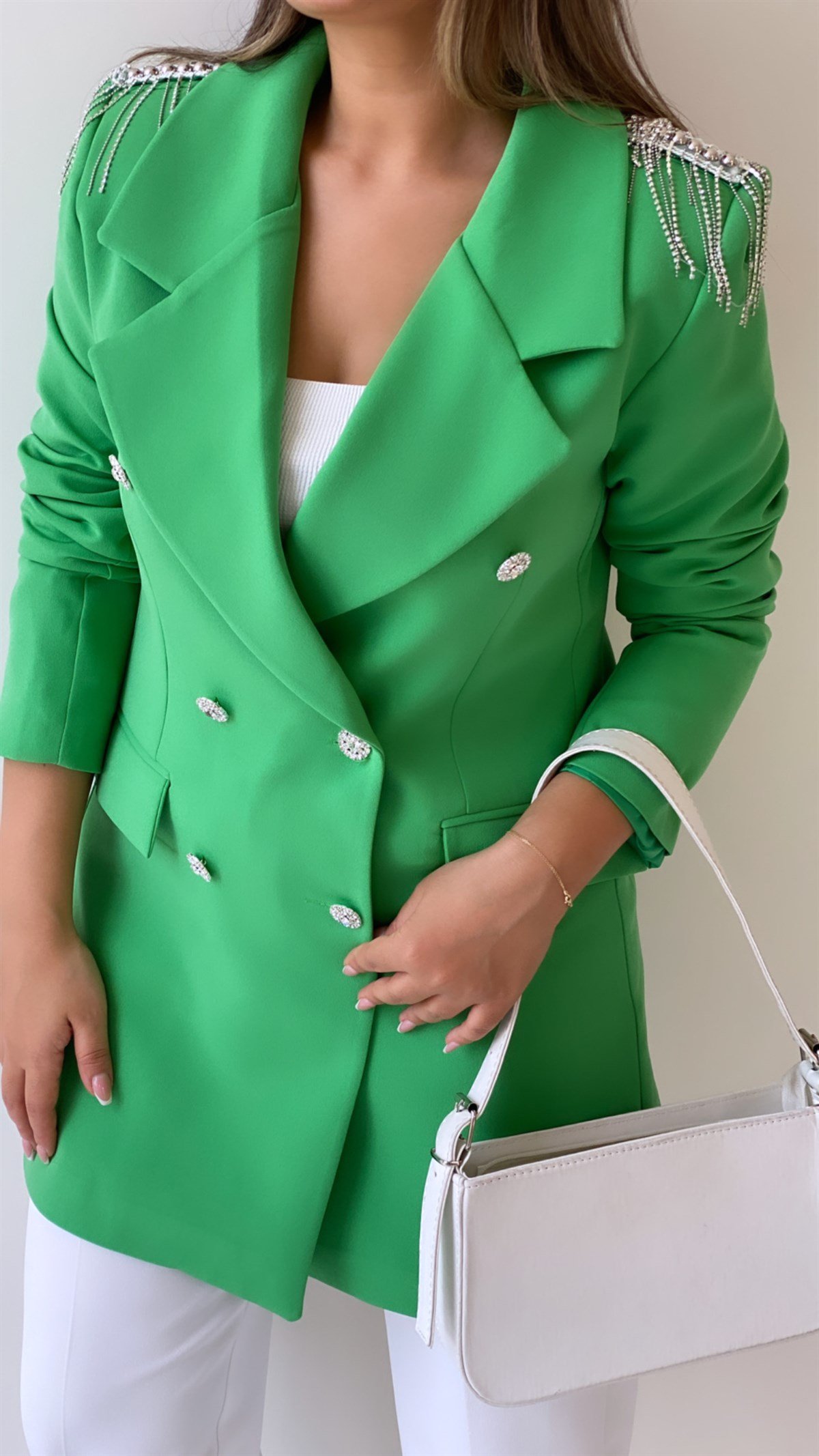 Omuzları Taşlı Tasarım Blazer Ceket Yeşil