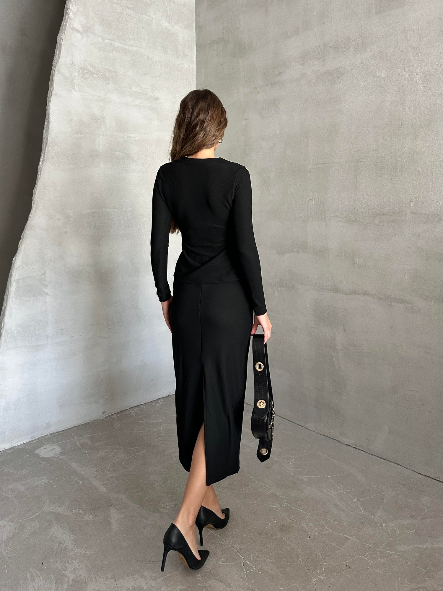 Önden Düğmeli Triko Etek Siyah