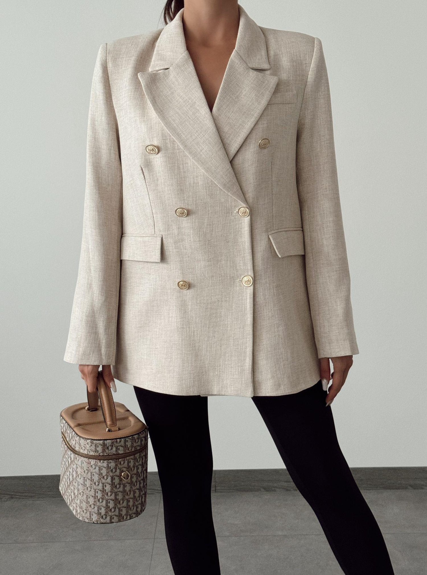Pamuk Keten Kruvaze Oversize Ceket Taş 