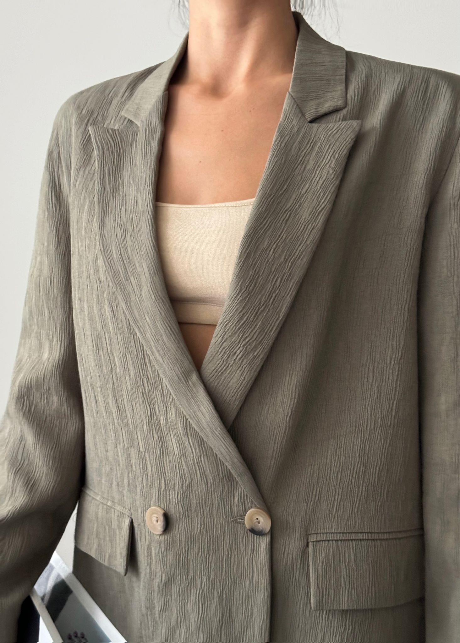 Pliseli Çift Düğme Oversize Ceket Haki