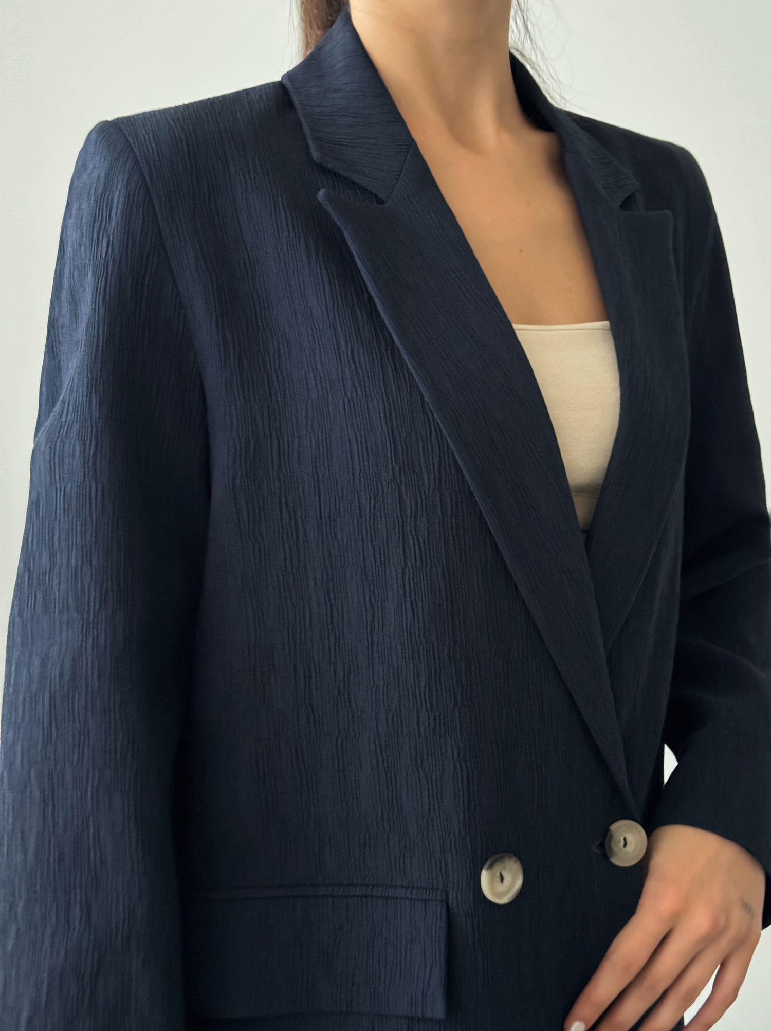 Pliseli Çift Düğme Oversize Ceket Lacivert