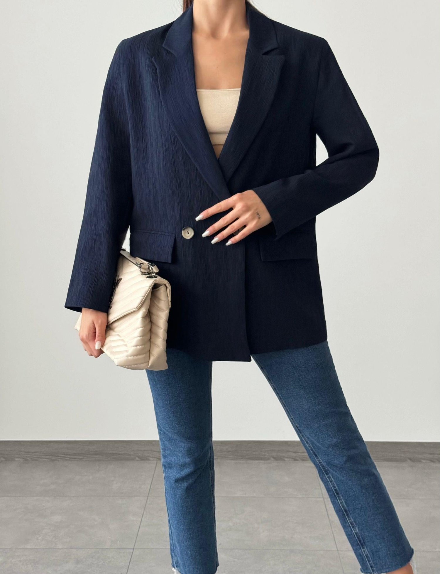 Pliseli Çift Düğme Oversize Ceket Lacivert