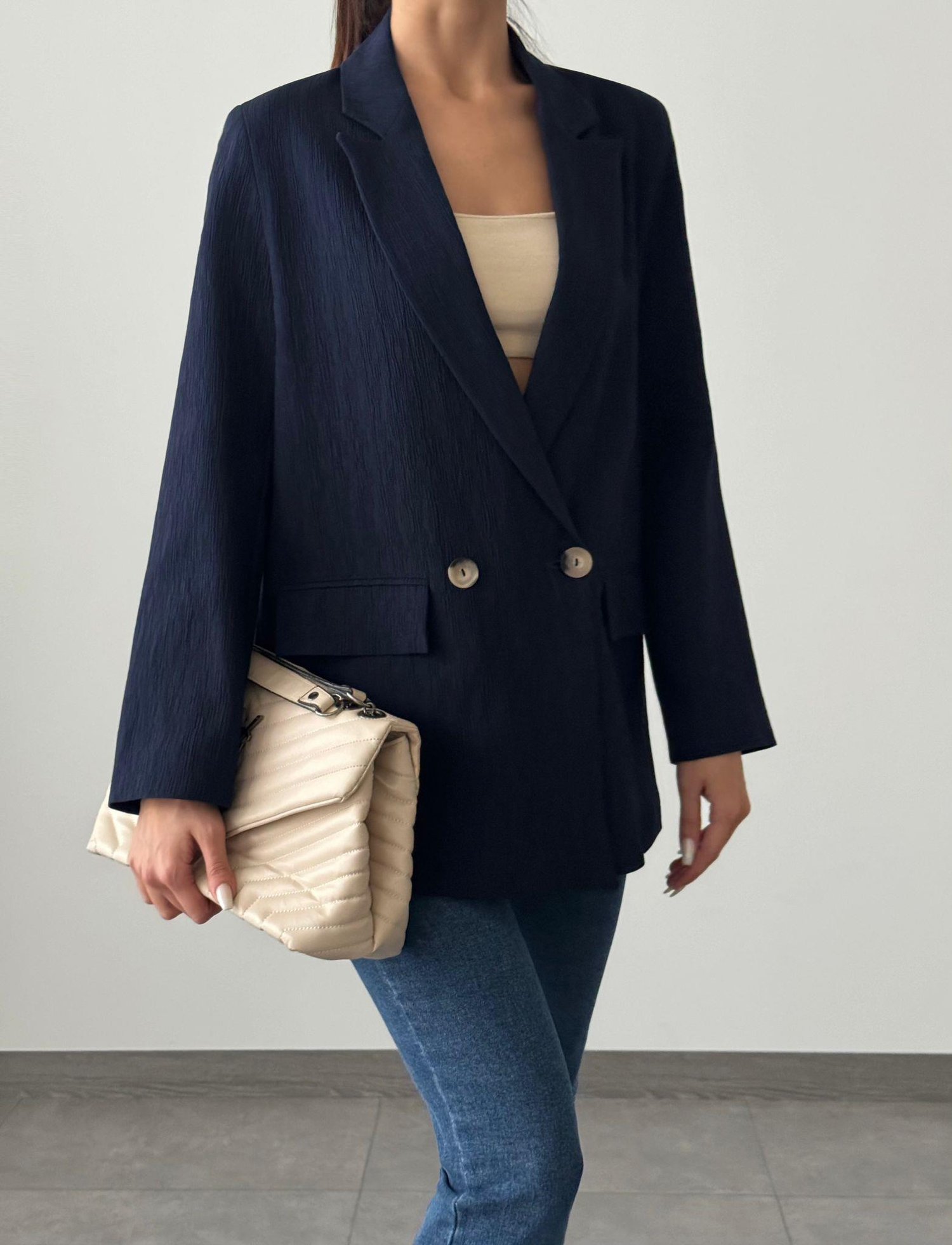 Pliseli Çift Düğme Oversize Ceket Lacivert