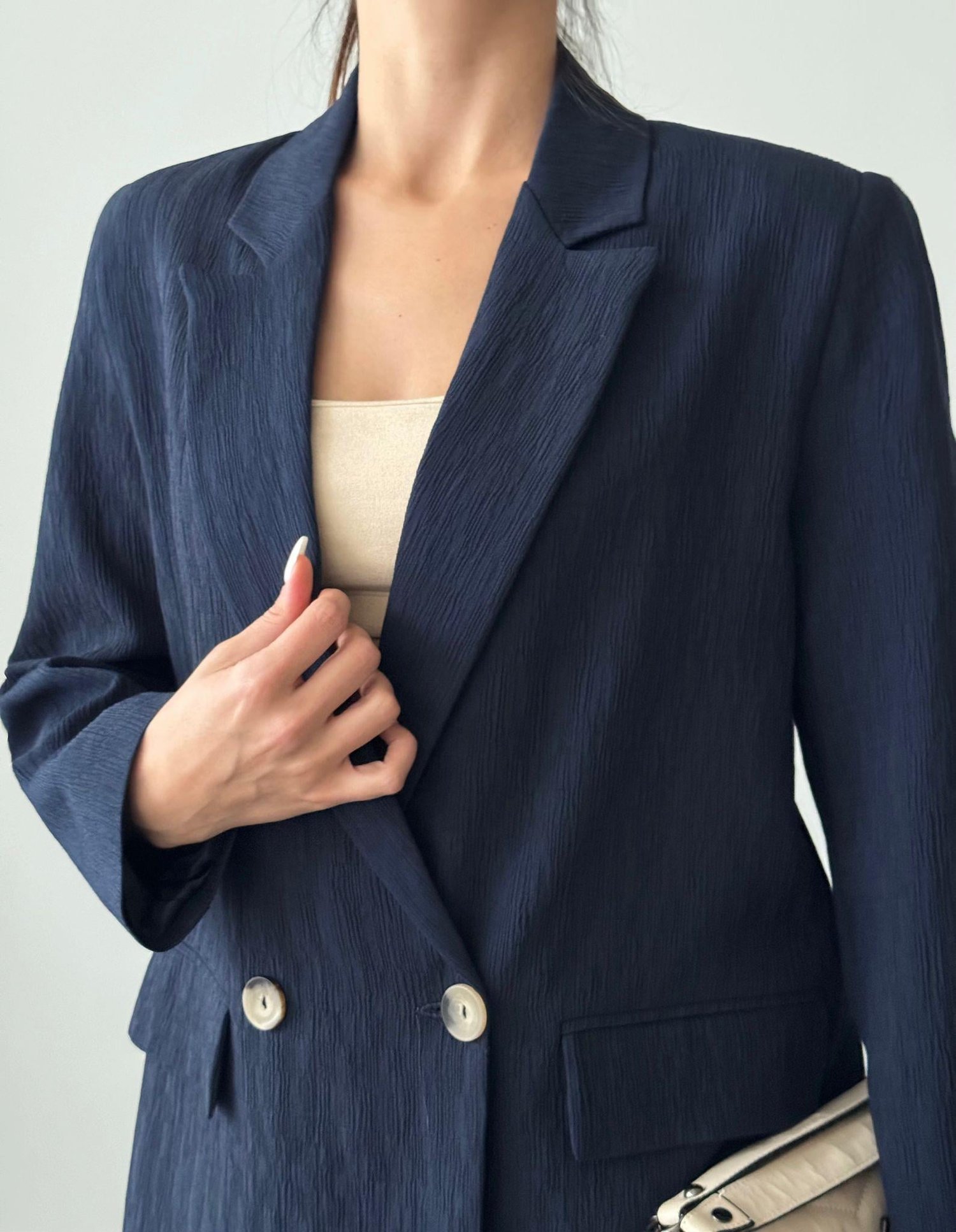 Pliseli Çift Düğme Oversize Ceket Lacivert