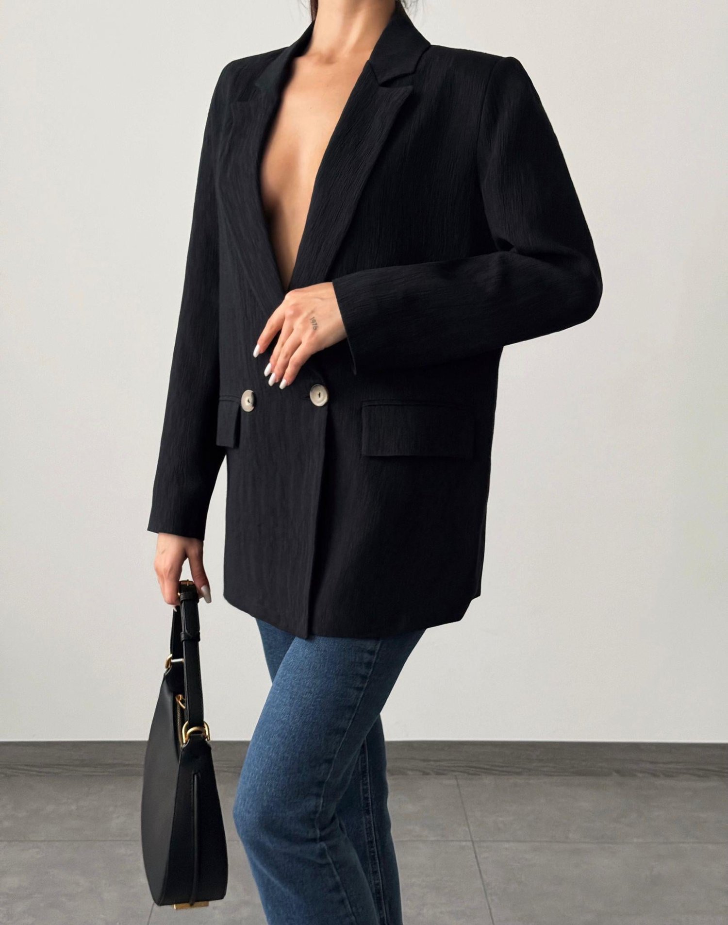 Pliseli Çift Düğme Oversize Ceket Siyah