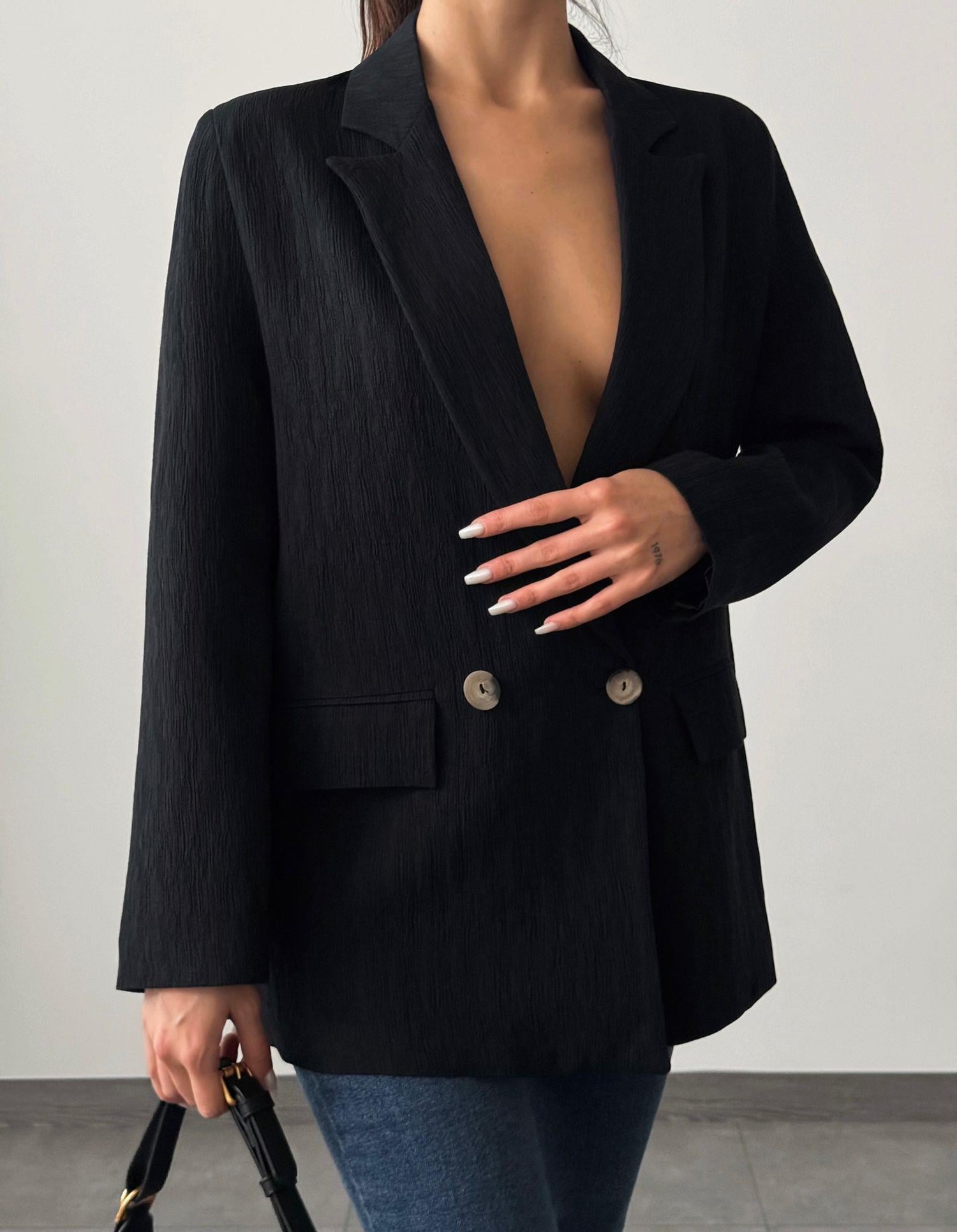 Pliseli Çift Düğme Oversize Ceket Siyah