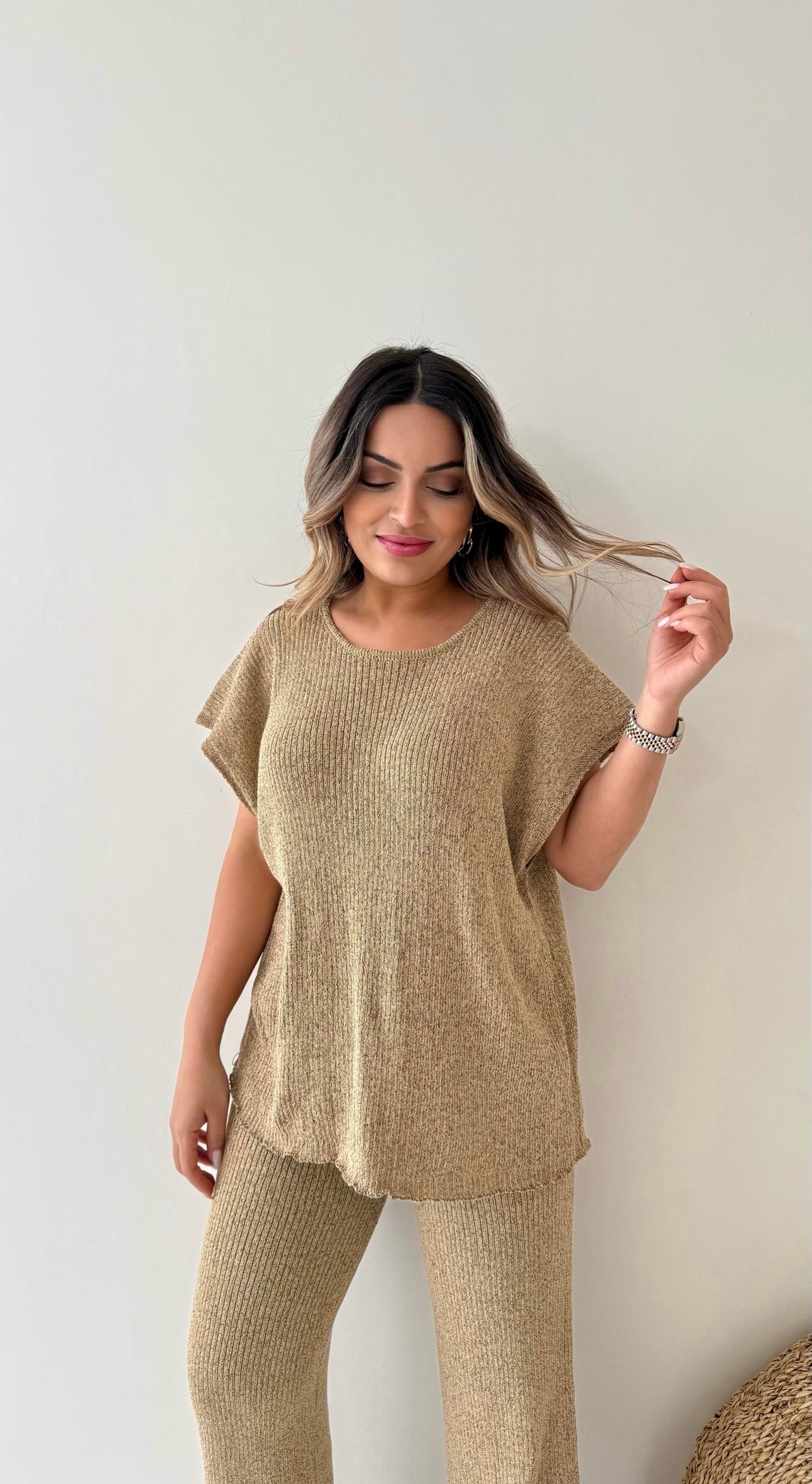 Salaş Kırçıllı Triko Takım Camel