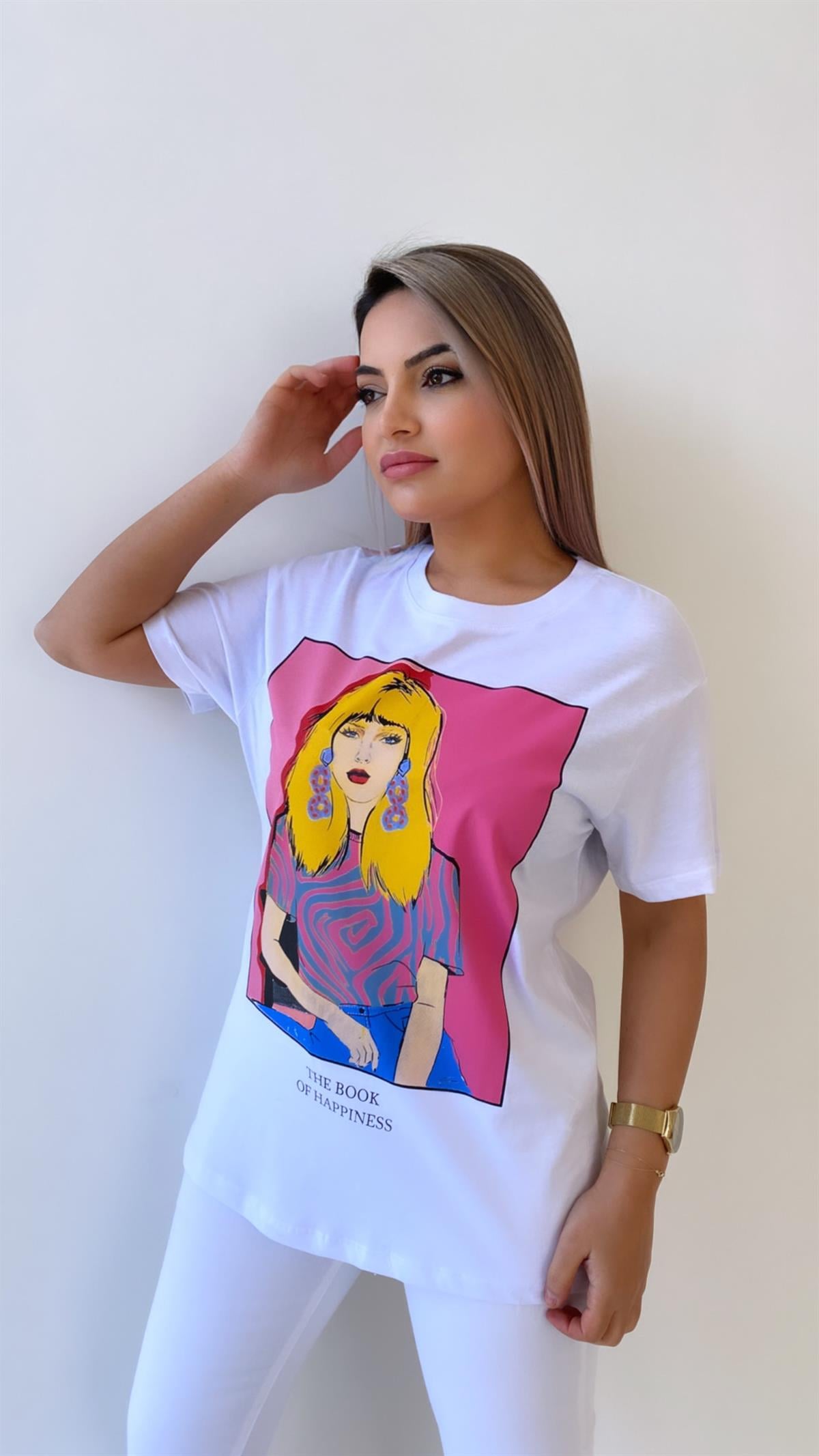 Sarışın Kadın Pembe Baskılı Tişört Ekru