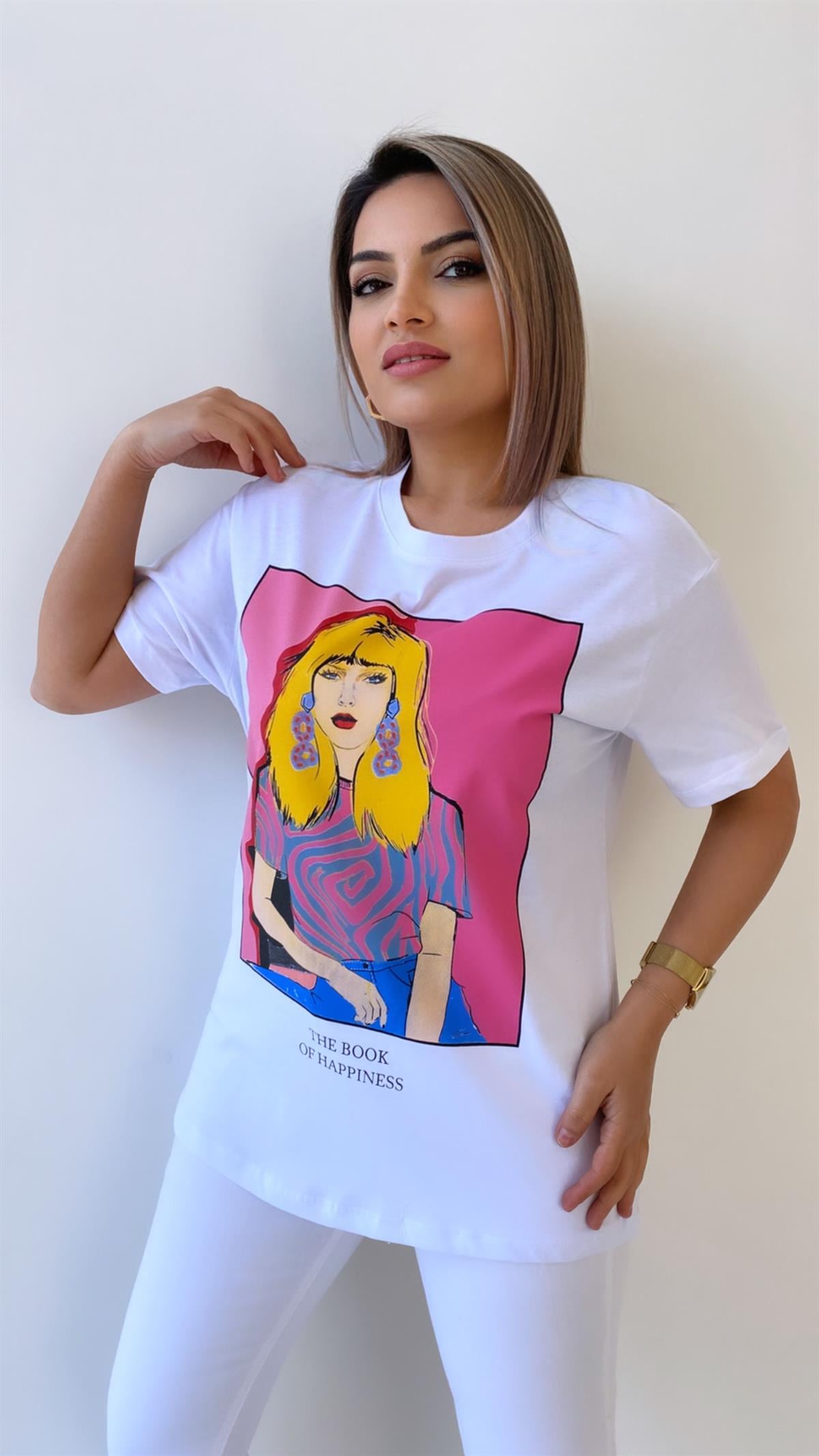 Sarışın Kadın Pembe Baskılı Tişört Ekru