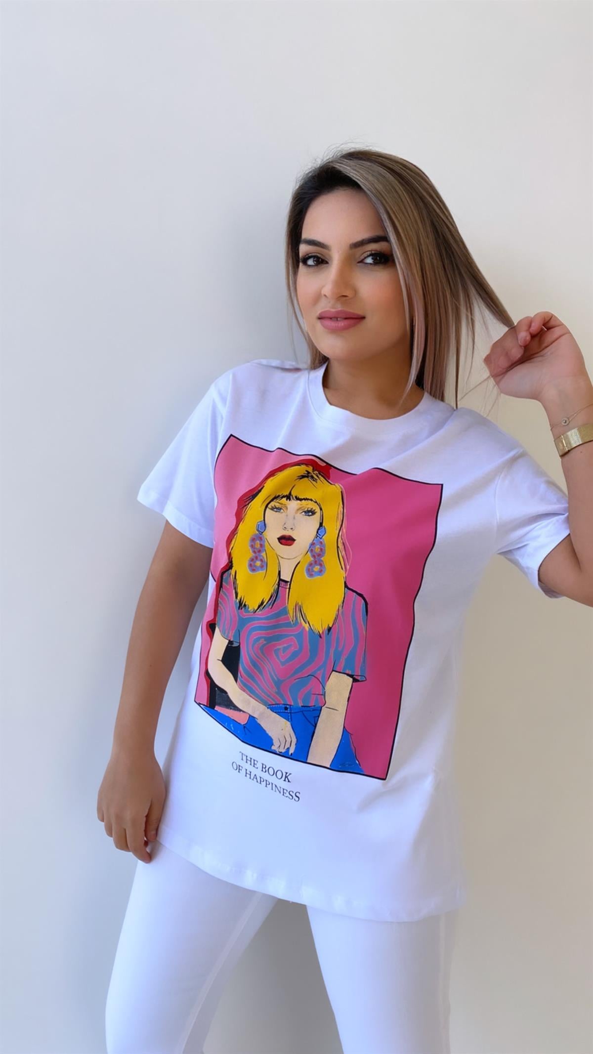 Sarışın Kadın Pembe Baskılı Tişört Ekru
