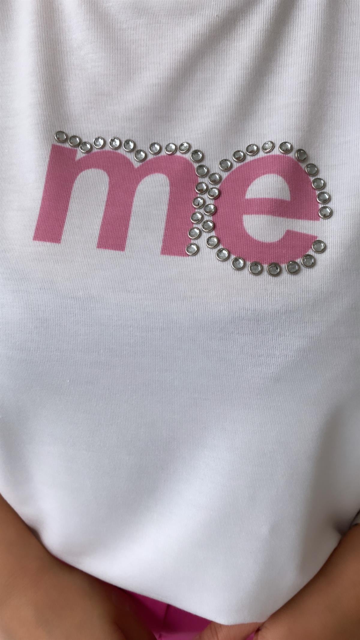 Taşlı Me Yazılı Tişört Ekru Pembe
