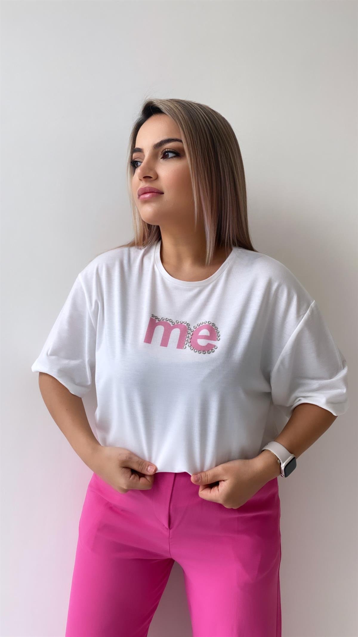 Taşlı Me Yazılı Tişört Ekru Pembe