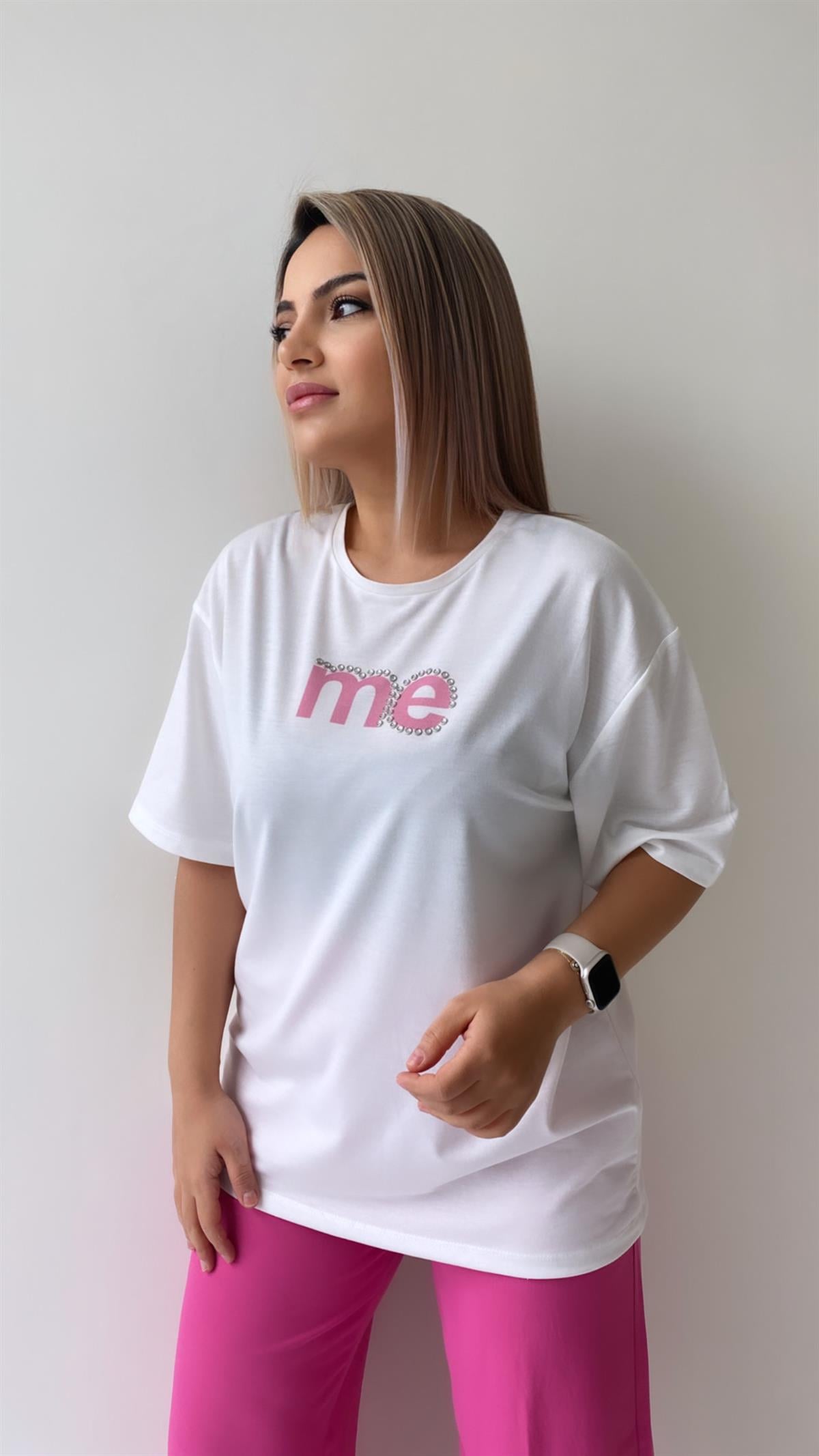 Taşlı Me Yazılı Tişört Ekru Pembe