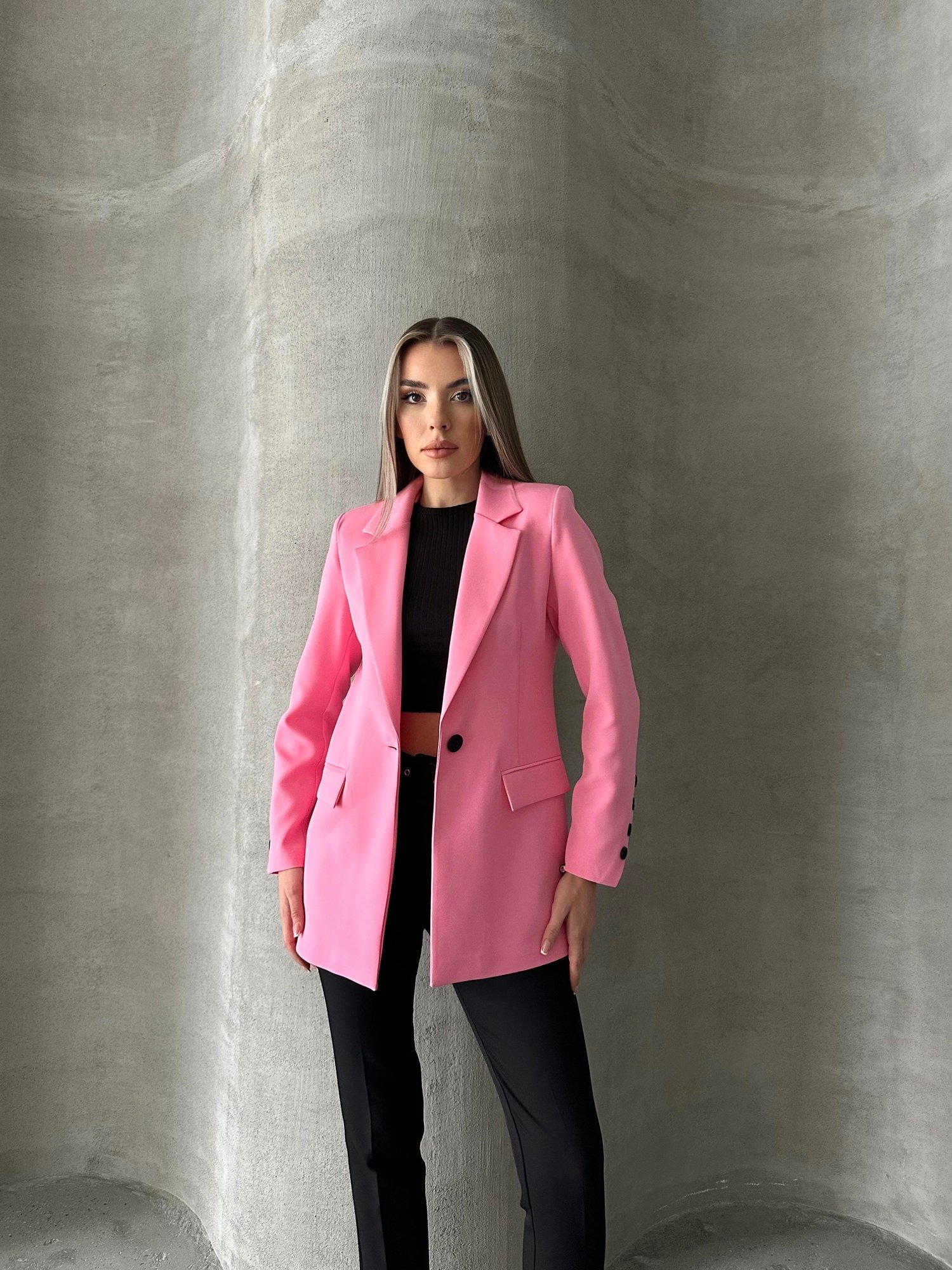 Tek Düğmeli Kol Detaylı Blazer Ceket Pembe