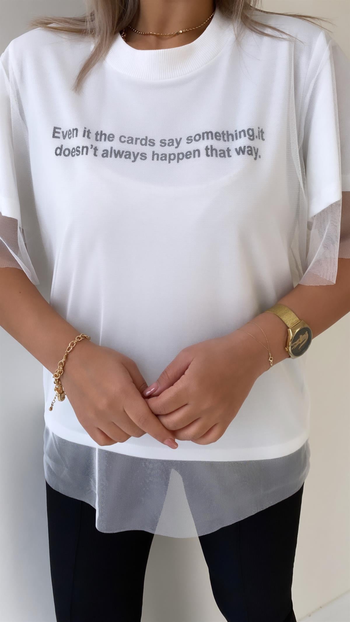 Tül Detaylı Yazılı Şık Tişört Ekru