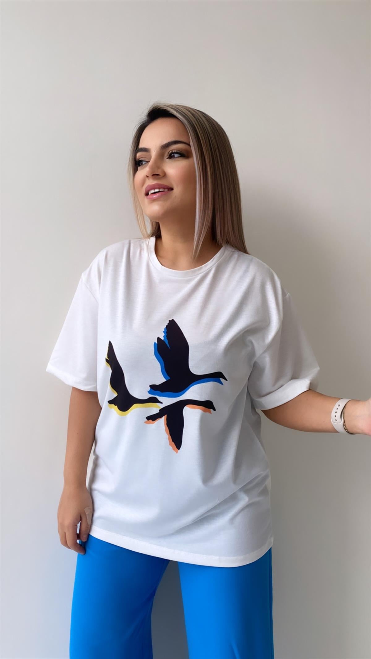 Üç Kuş Baskılı Tişört Ekru