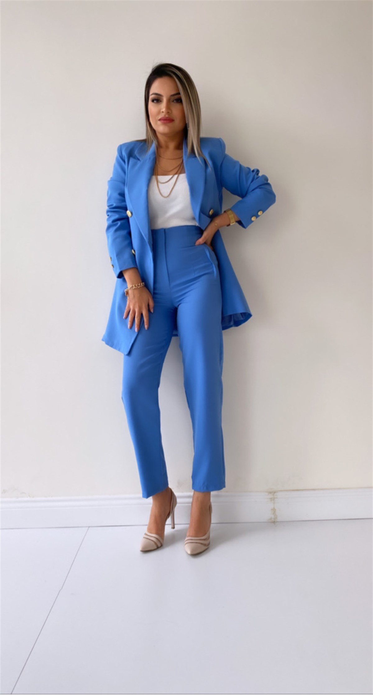 Uzun Gold Düğmeli Blazer Ceket Bebe Mavi