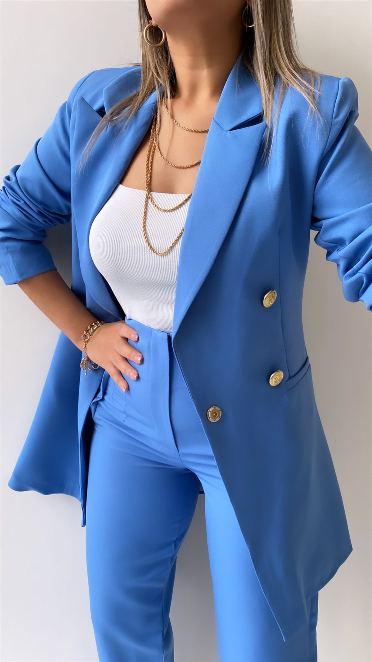 Uzun Gold Düğmeli Blazer Ceket Bebe Mavi